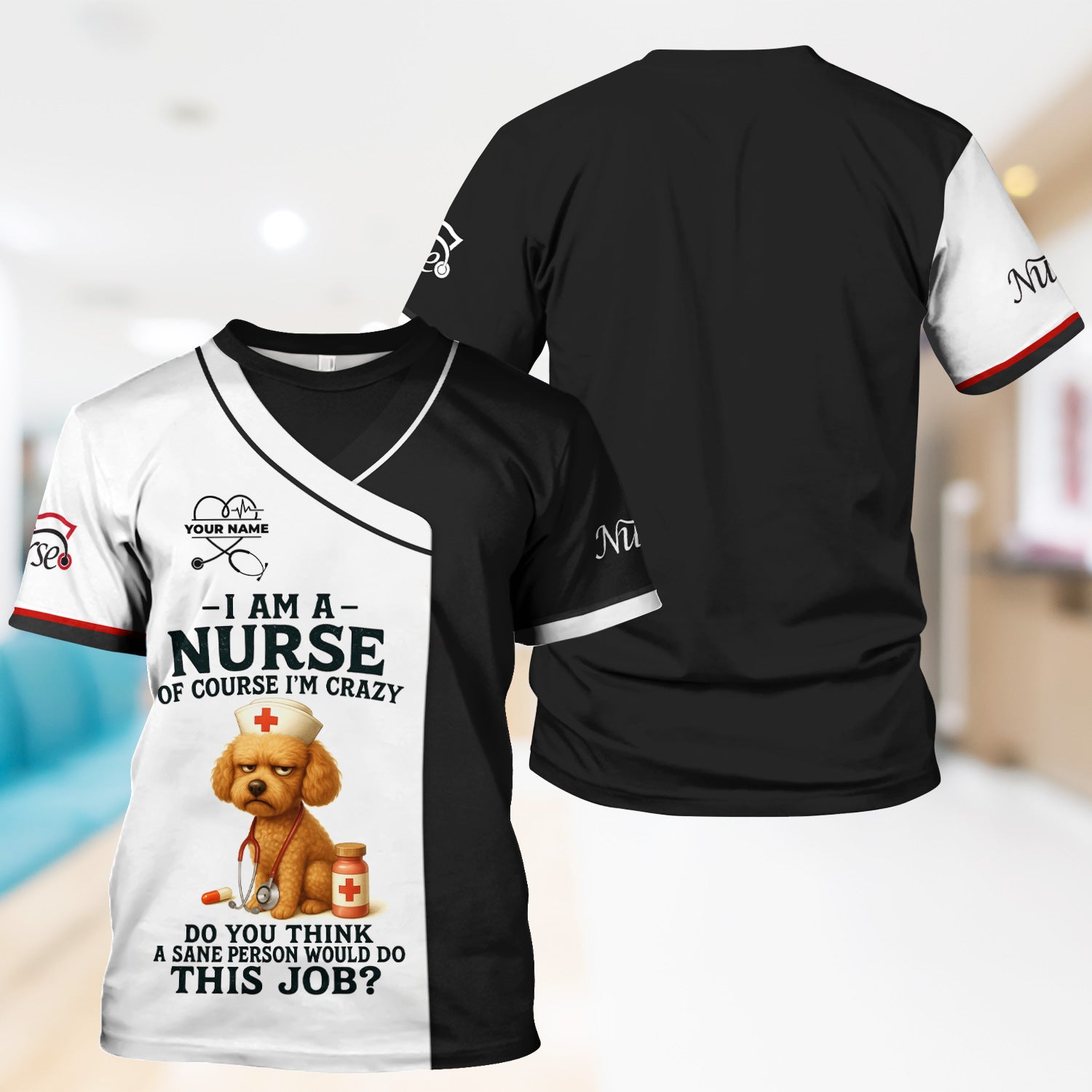 Personalized Funny Nurse Shirt - Of Course I'm Crazy Dog Design - Custom Name Gift for Nurses RN CNA LPN Healthcare Workers