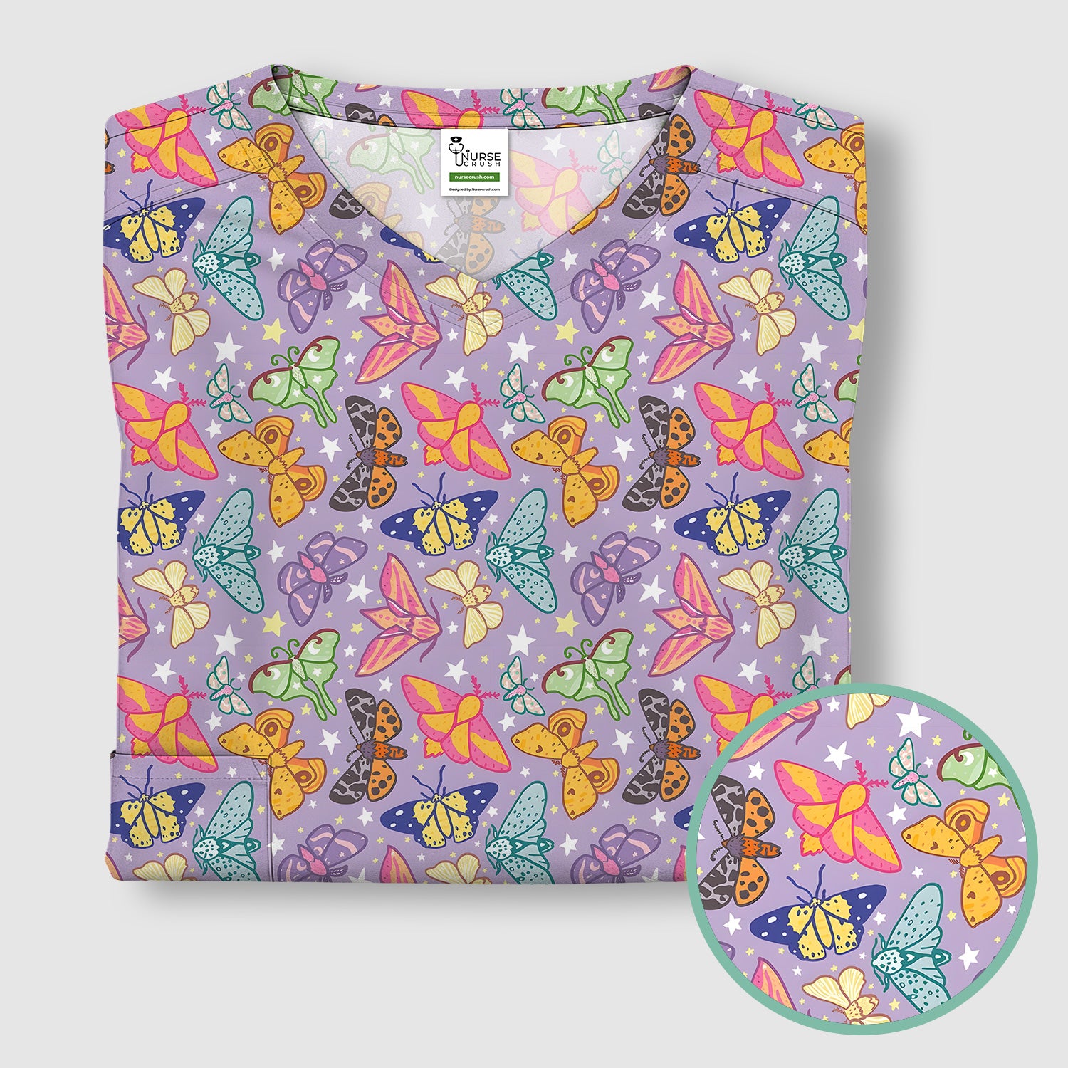 Colorful Butterfly Moth Pattern Scrub Top, Comfortable Scrubs for Nurses
