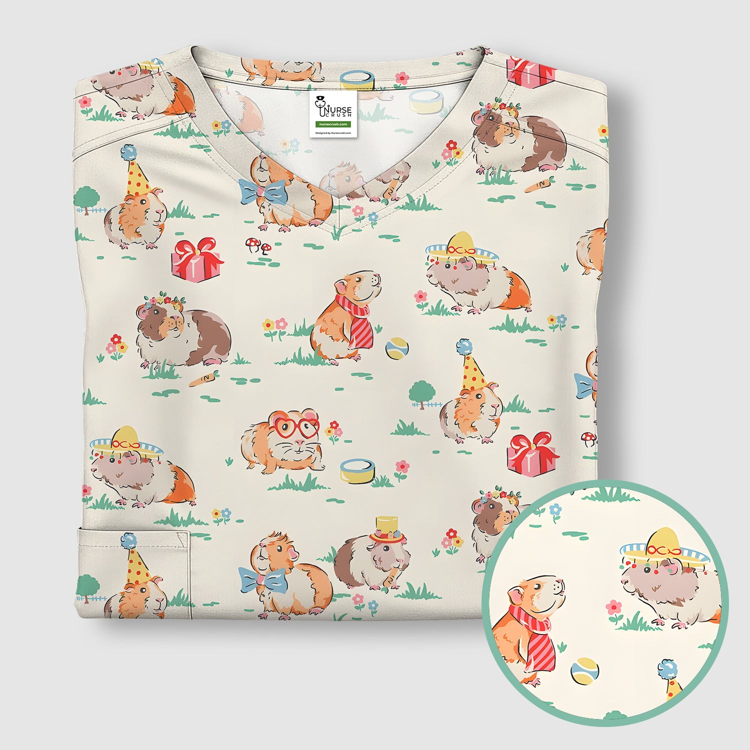 Cute Guinea Pig Party Nurse Pattern Scrub Top, Comfortable Scrubs for Nurses