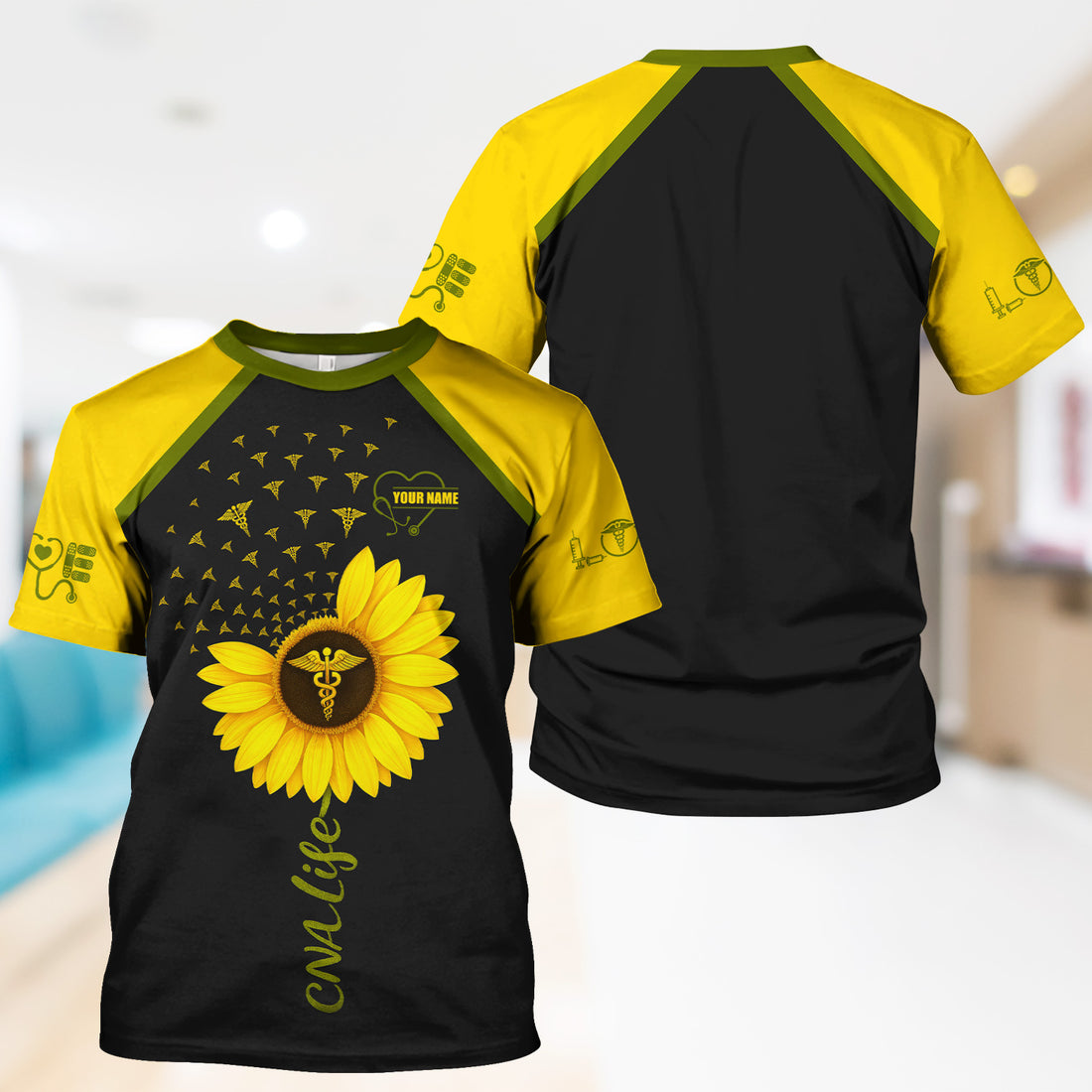 Personalized CNA Sunflower Shirt - Custom Name & Caduceus Symbol Design - Gift for RN LPN Healthcare Workers