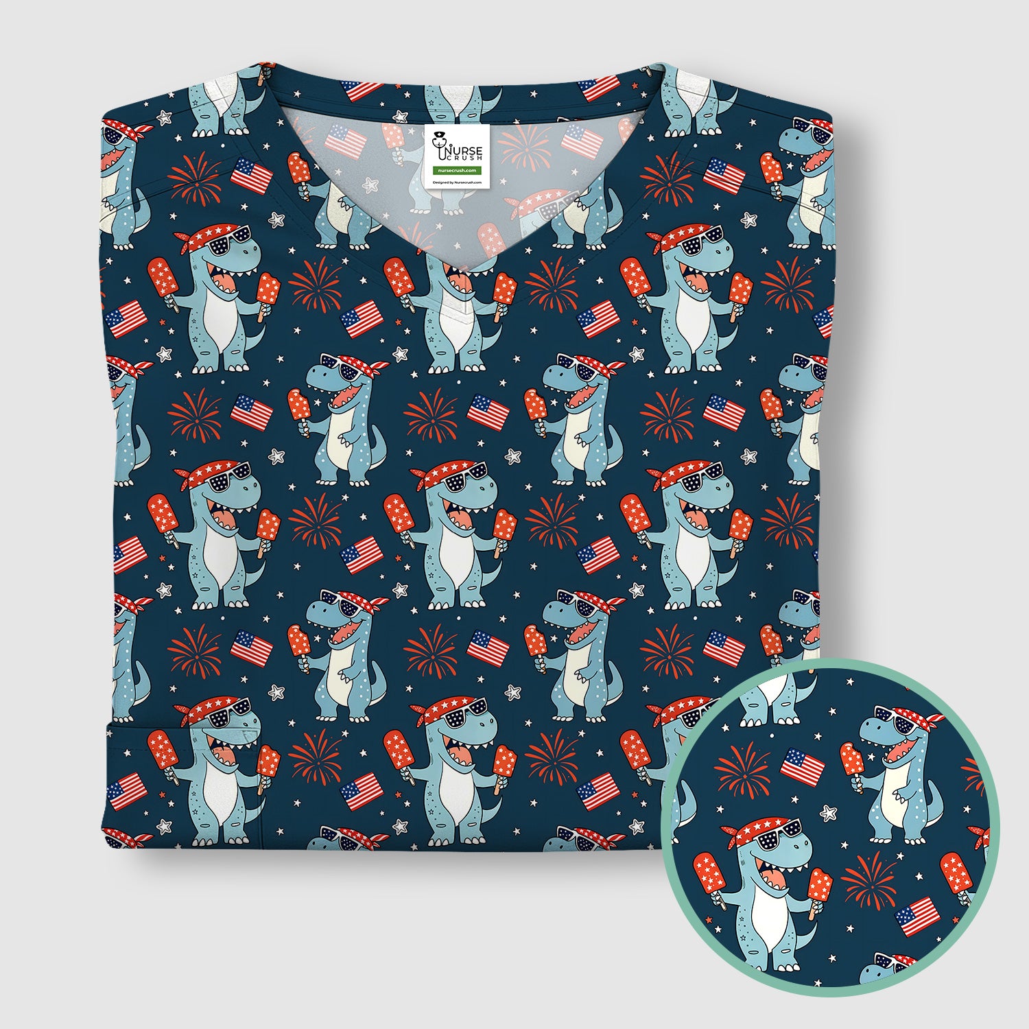 Dinosaur With Flag American Pattern Scrub Top, Comfortable Scrubs for Nurses