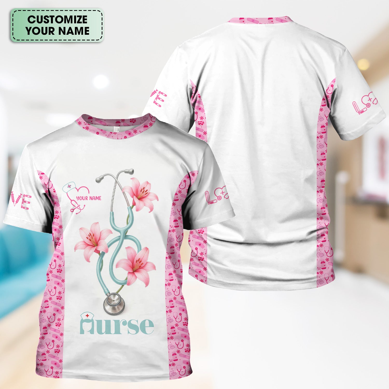 Personalized Nurse Scrubs - Pink Floral Stethoscope Design with Name Customization - Gift for RN, CNA, LPN
