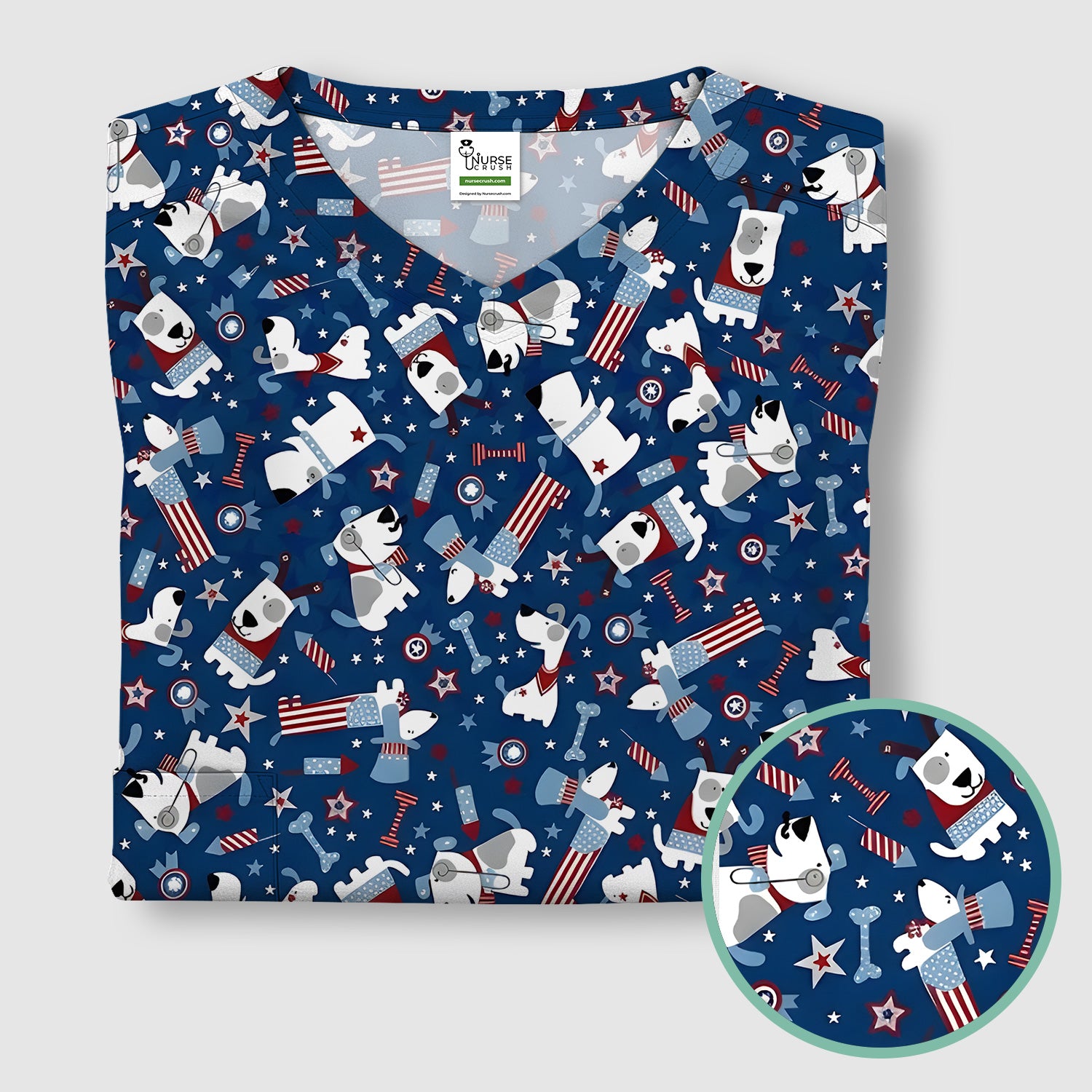 Patriotic Nurse Dog Stars Pattern Scrub Top, Comfortable Scrubs for Nurses