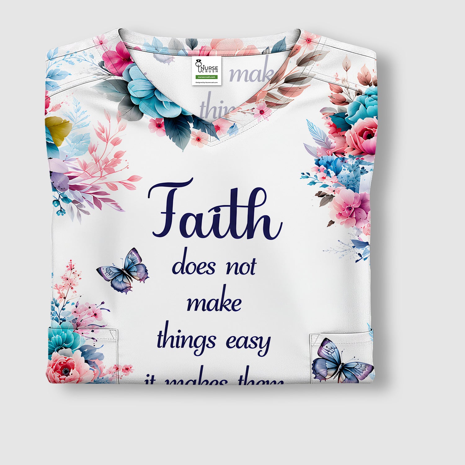 Inspirational Faith Floral Butterfly Pattern Scrub Top, Comfortable Scrubs for Nurses