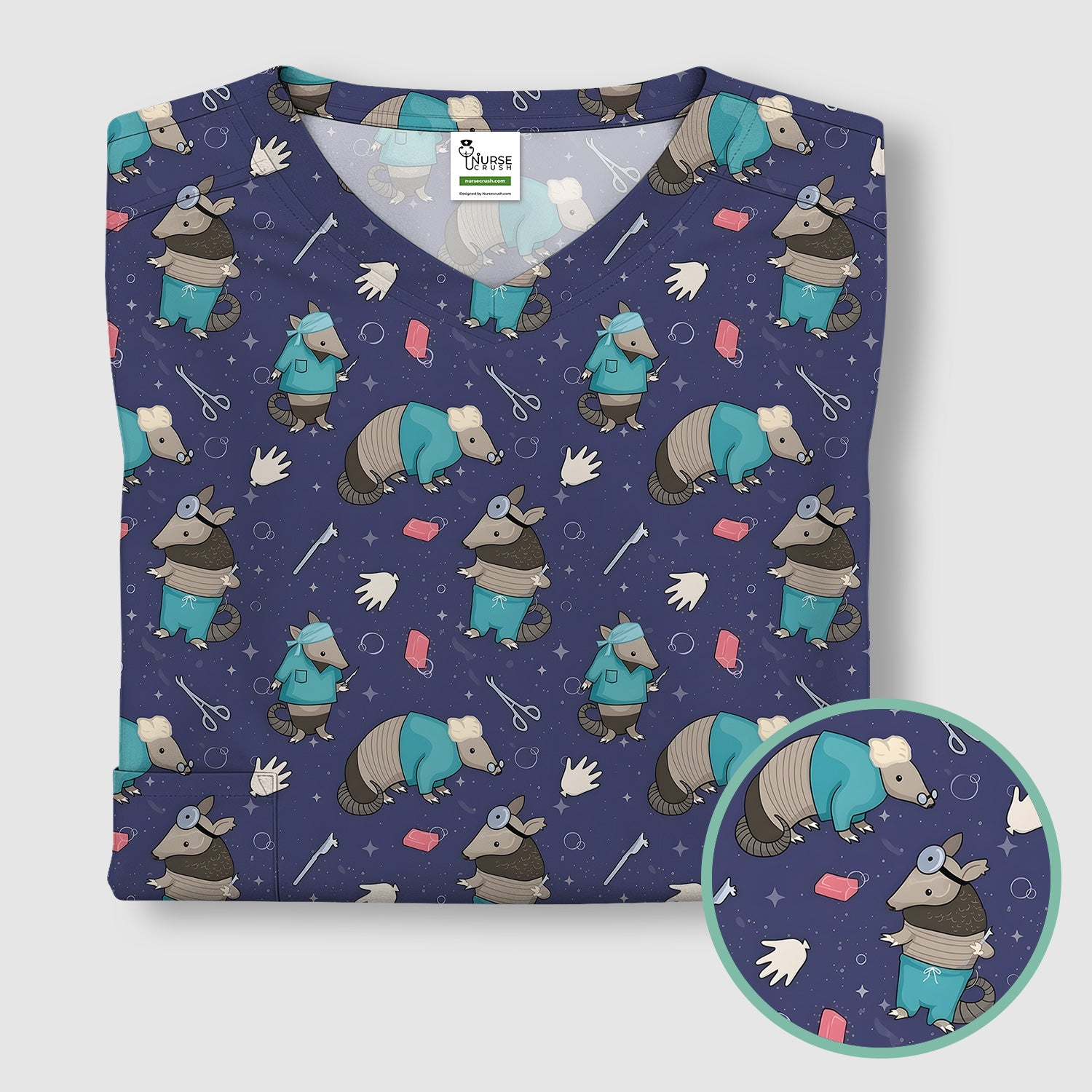 Armadillo Doctor Medical Tools Pattern Scrub Top, Comfortable Scrubs for Nurses