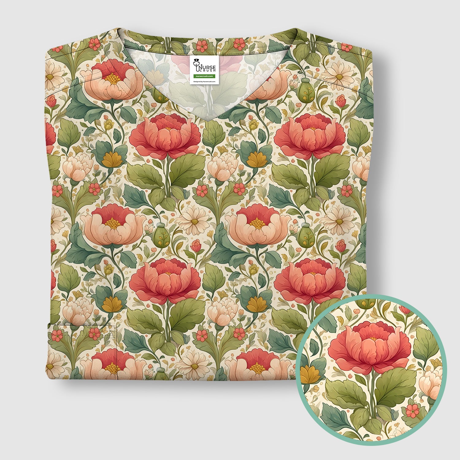 Vintage Botanical Peony Floral Pattern Scrub Top, Breathable Fabrics Nursing Uniform