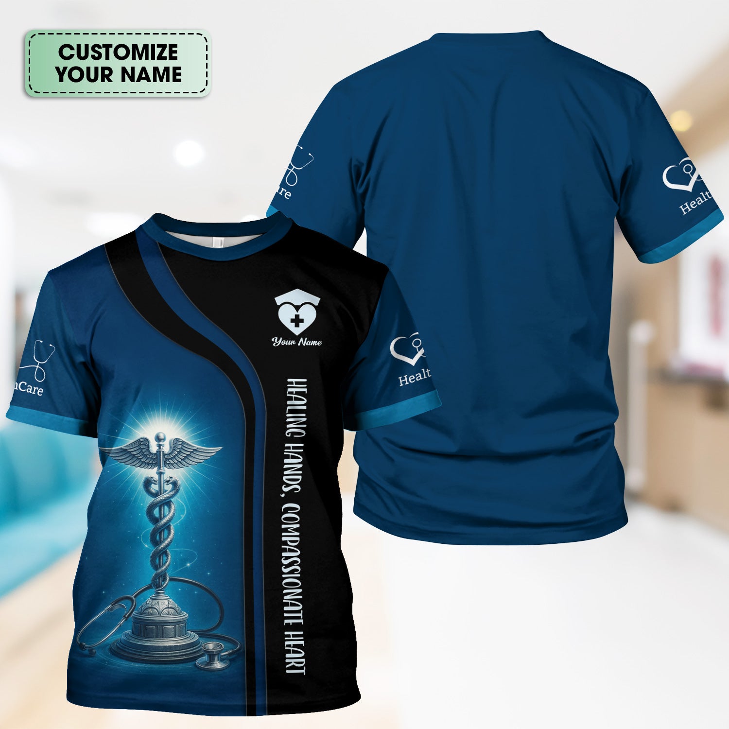 Healing Hands Compassionate Heart Shirt - Personalized Medical Apparel Gift - Caduceus Design for Nurse RN CNA LPN Healthcare Workers