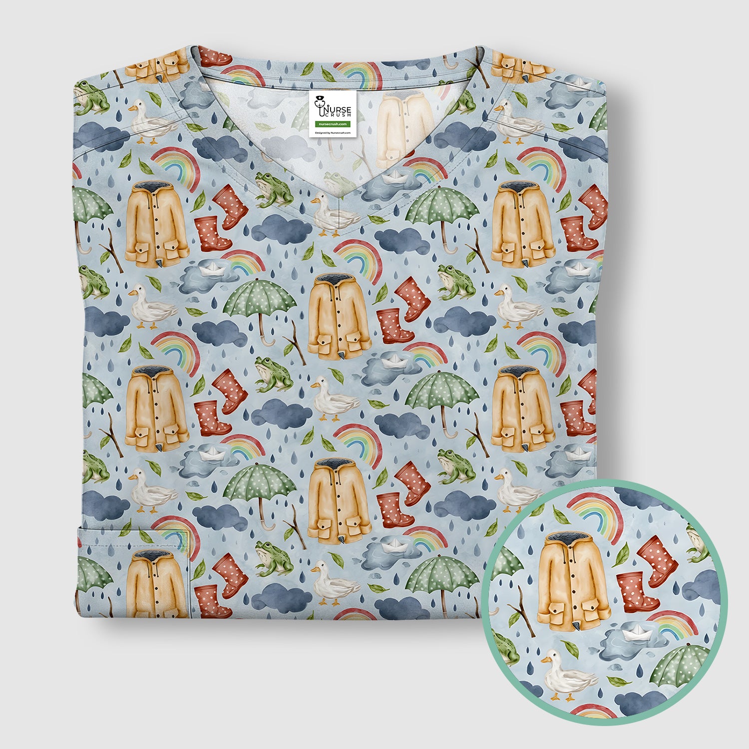 Cute Rainy Day Ducks & Frog Rainbow Pattern Scrub Top, Colorful Gothic Nurse Scrubs Uniform