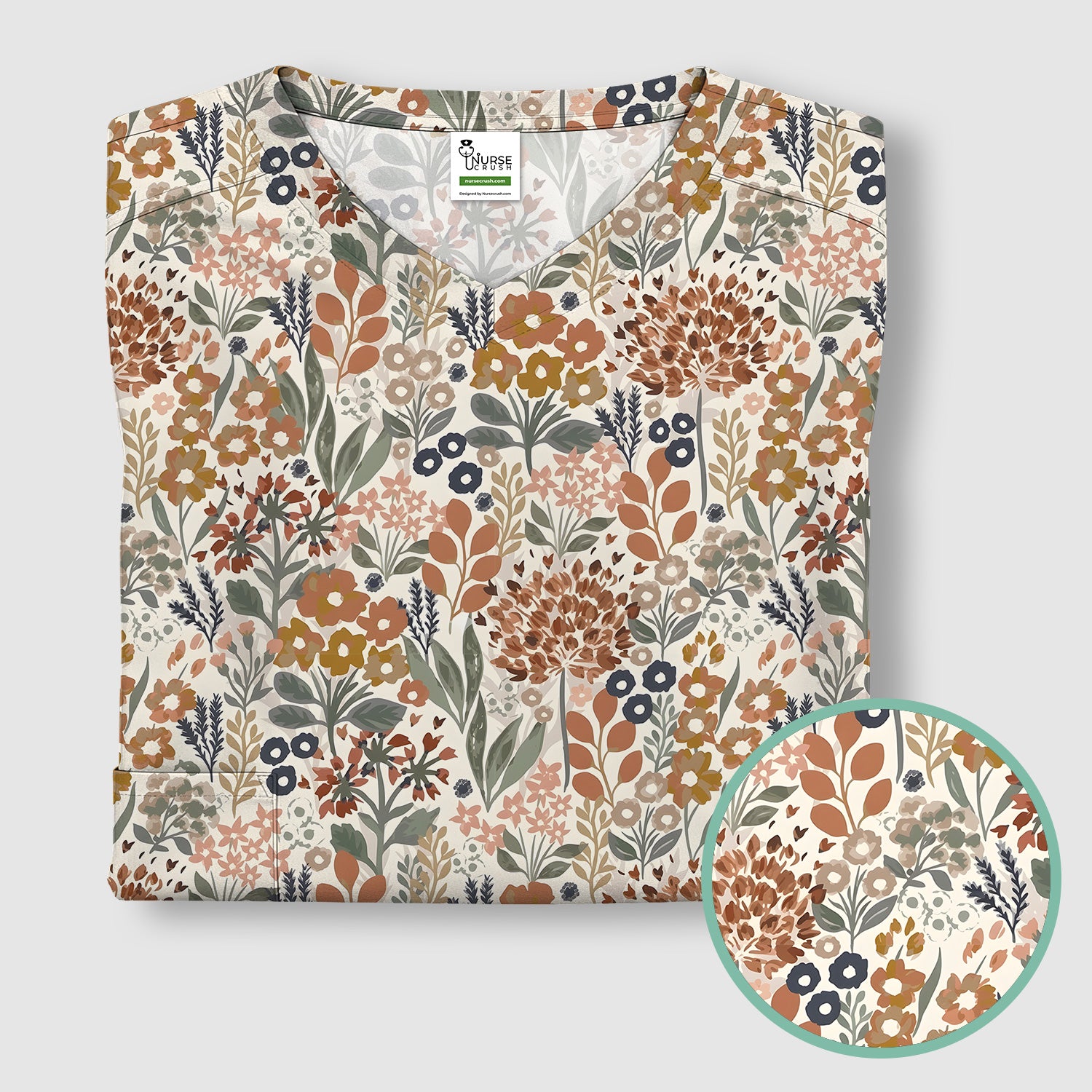 Vintage Botanical Floral Pattern Scrub Top, Breathable Fabrics Nursing Uniform