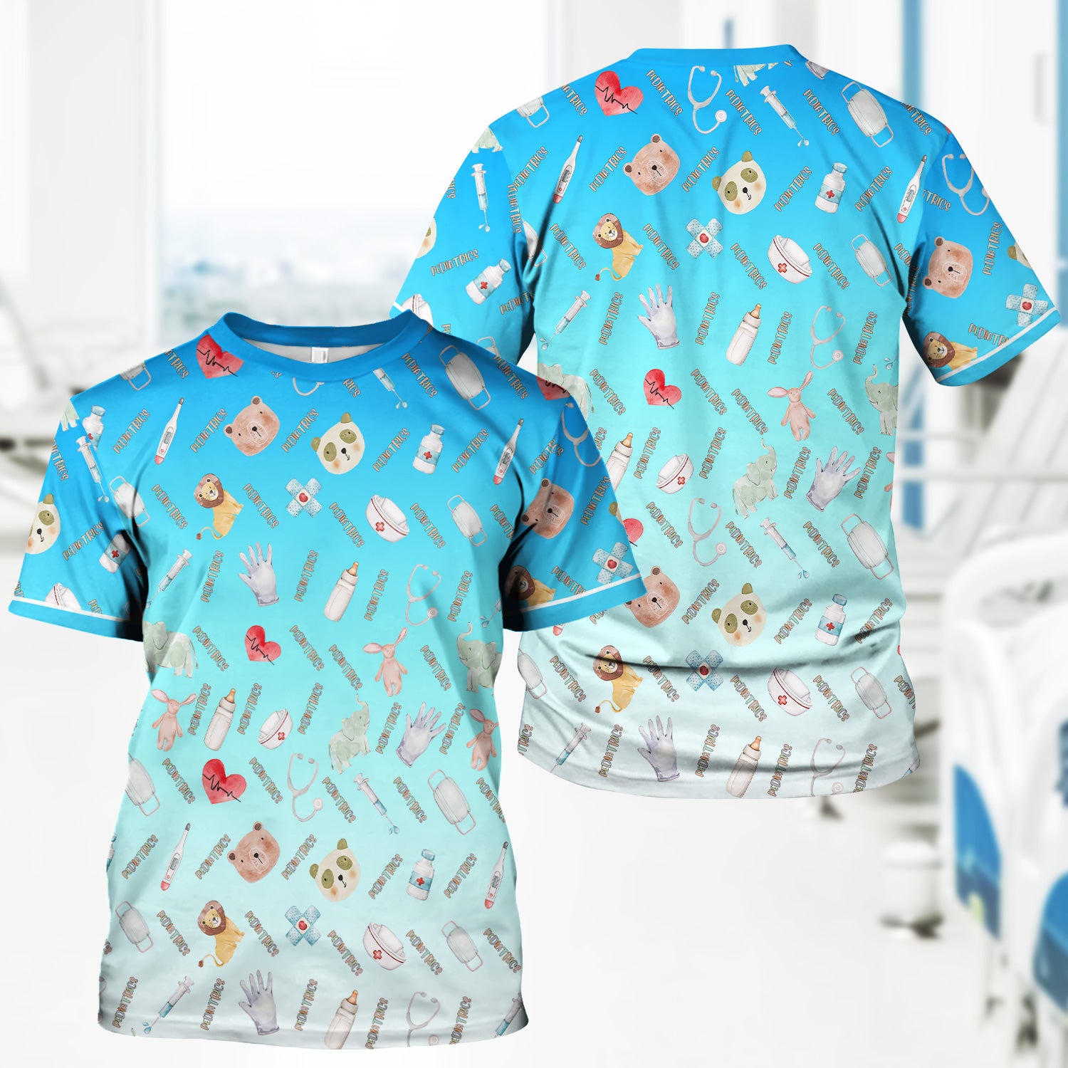 Adorable Pediatric Medical Scrub - Medical Uniform Top with Animal & Heart Icons - Gift for RN, CNA, LPN, Healthcare Worker