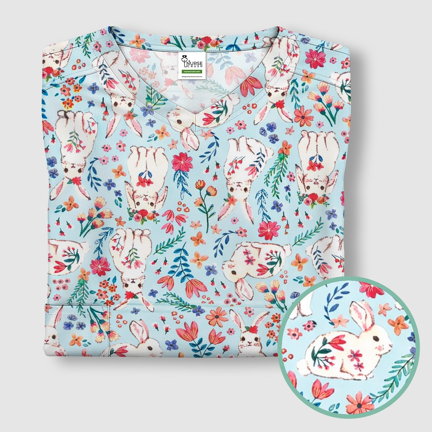 Springtime Bunny Floral Pattern Scrub Top, Breathable Fabric Scrubs for Nurses