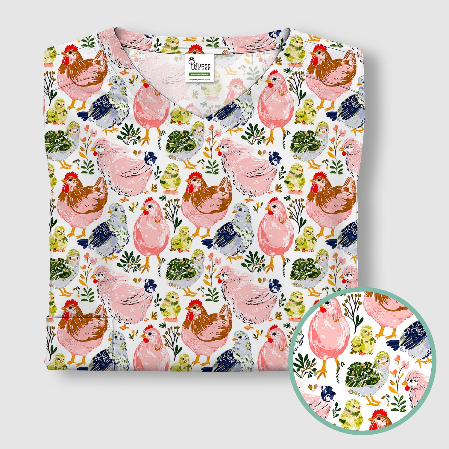 Cute Farm Chicken Hen Chick Pattern Scrub Top, Comfortable Scrubs for Nurses