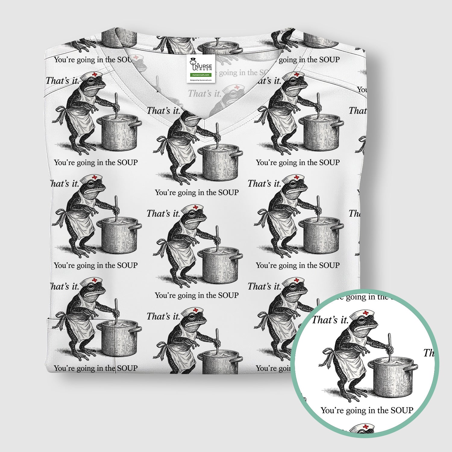 Funny Nurse Frog Cooking Soup Vintage Pattern Scrub Top, Comfortable Scrubs for Nurses