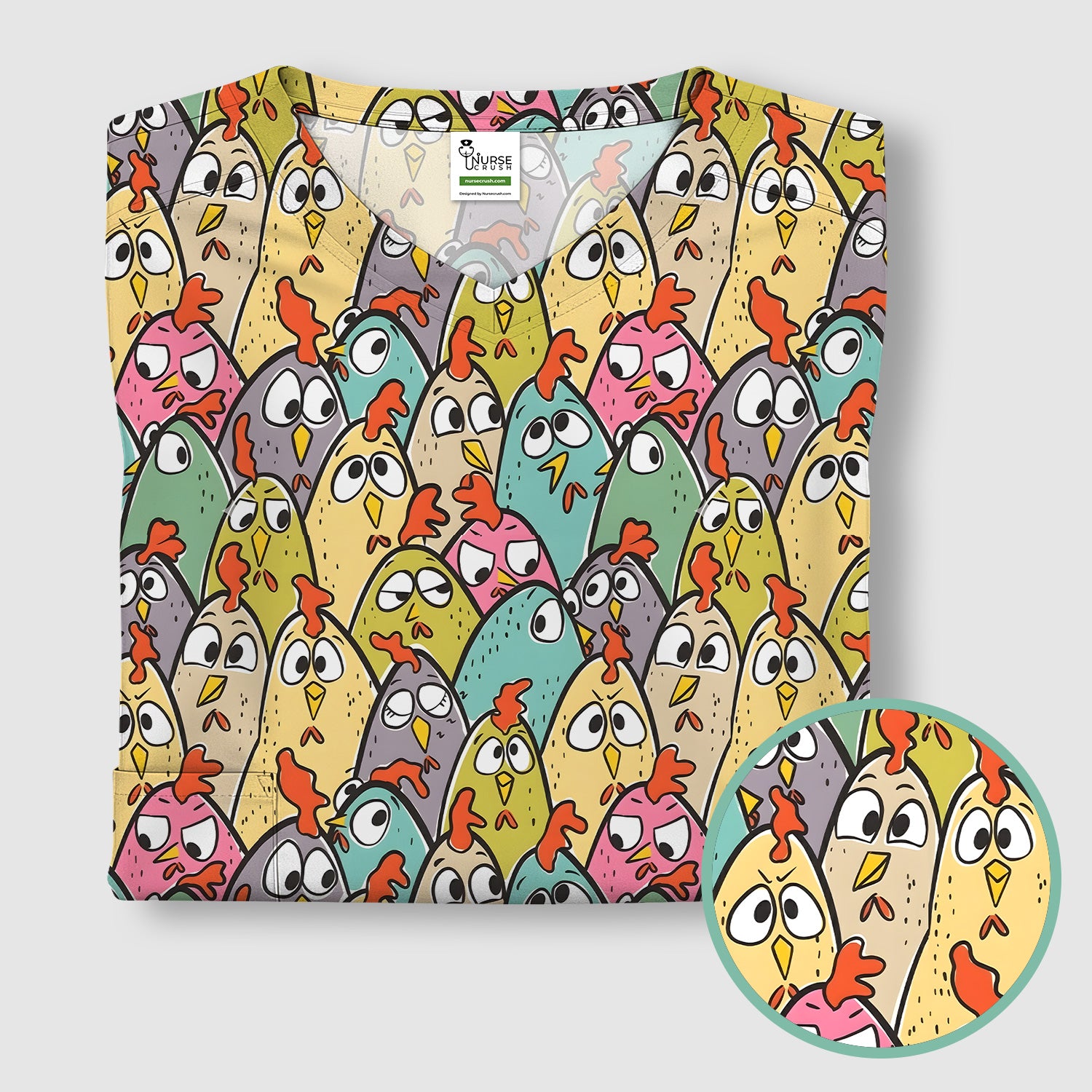 Funny Cartoon Chicken Crowd Pattern Scrub Top, Comfortable Scrubs for Nurses