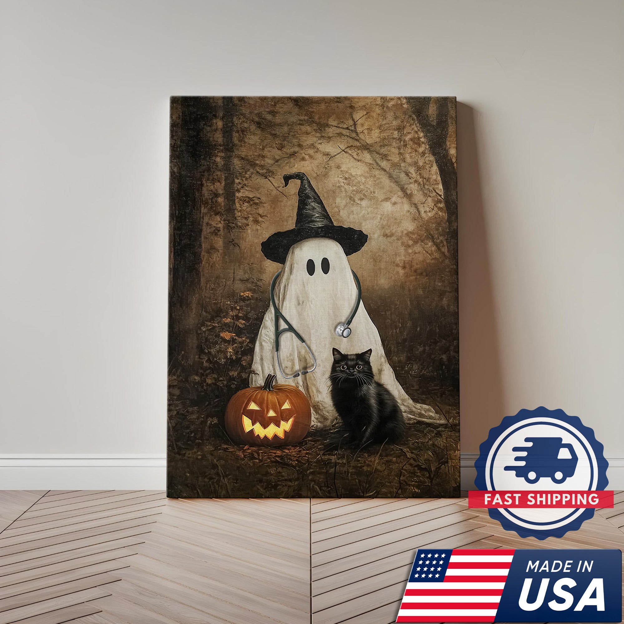 Halloween Nurse Ghost Canvas, Spooky Pumpkin Black Cat Wall Art, RN LPN CNA Gift