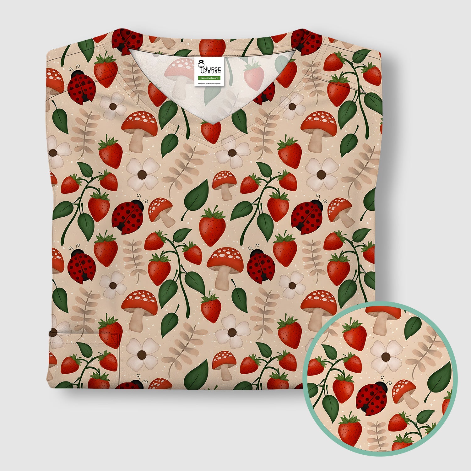 Strawberry Ladybug Mushroom Floral Scrub Top, Breathable Fabrics Nursing Uniform
