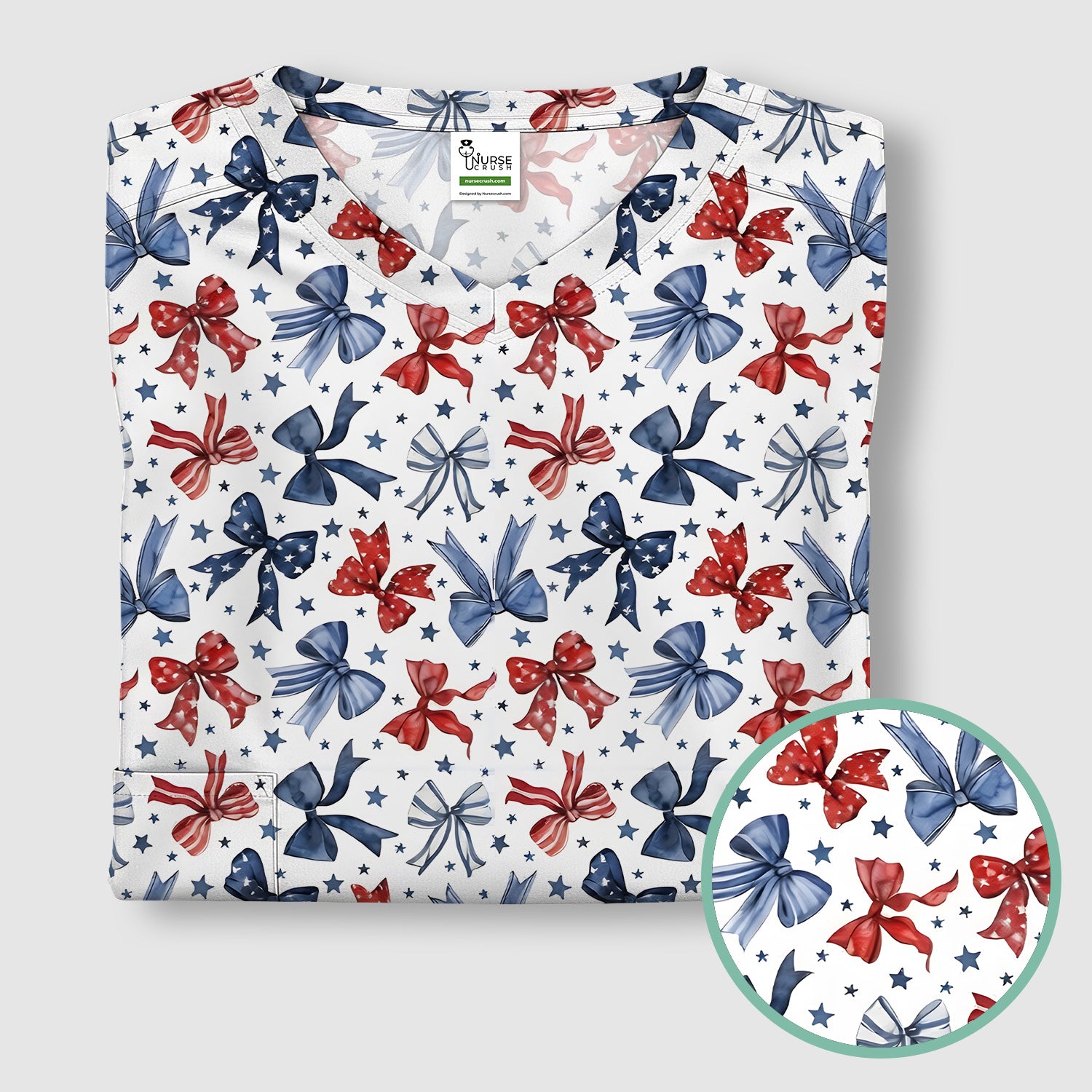 Patriotic Red Blue Ribbon Pattern Scrub Top, Comfortable Scrubs for Nurses