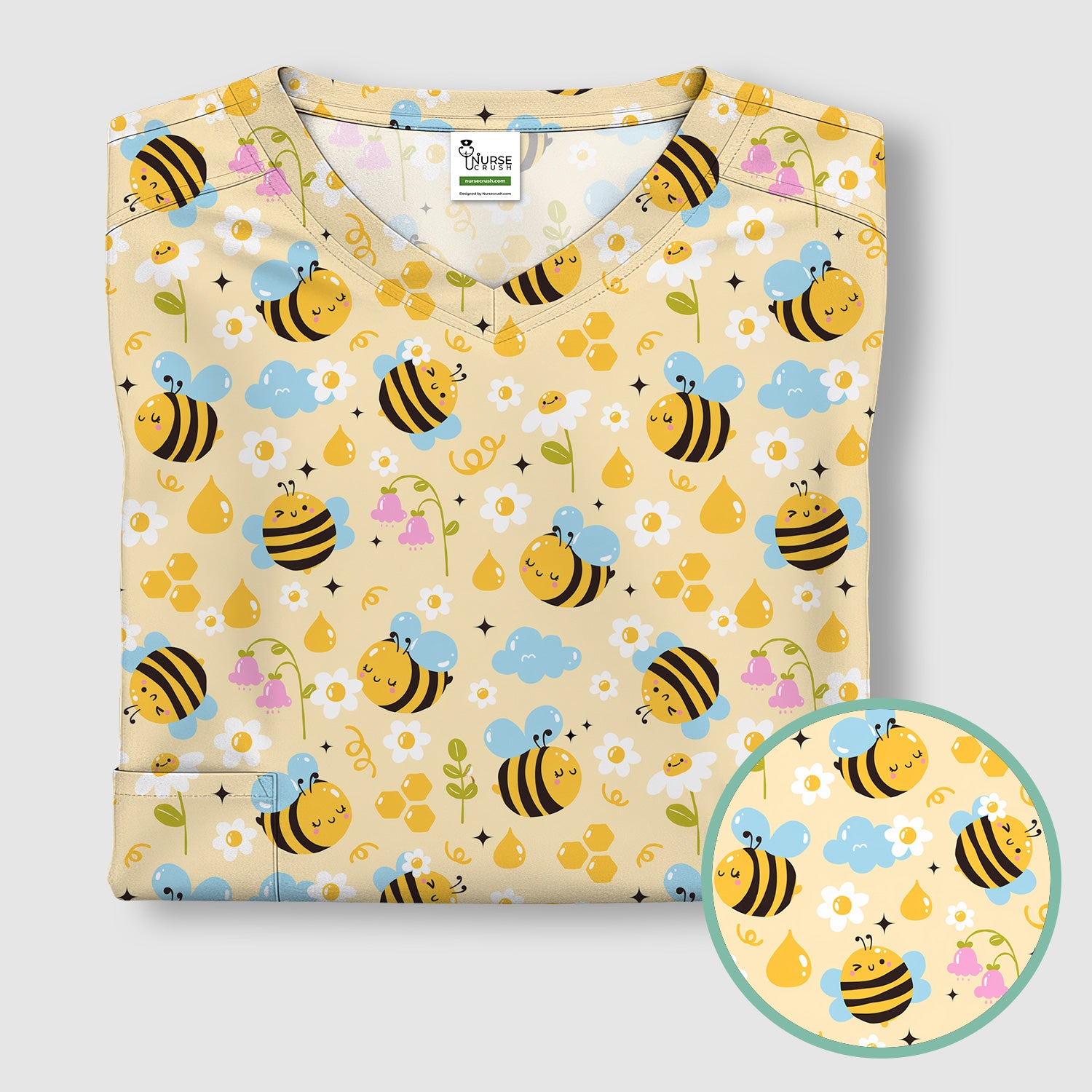 Honey Bee Flower Cloud Pattern Scrub Top, Breathable Fabrics Nursing Uniform