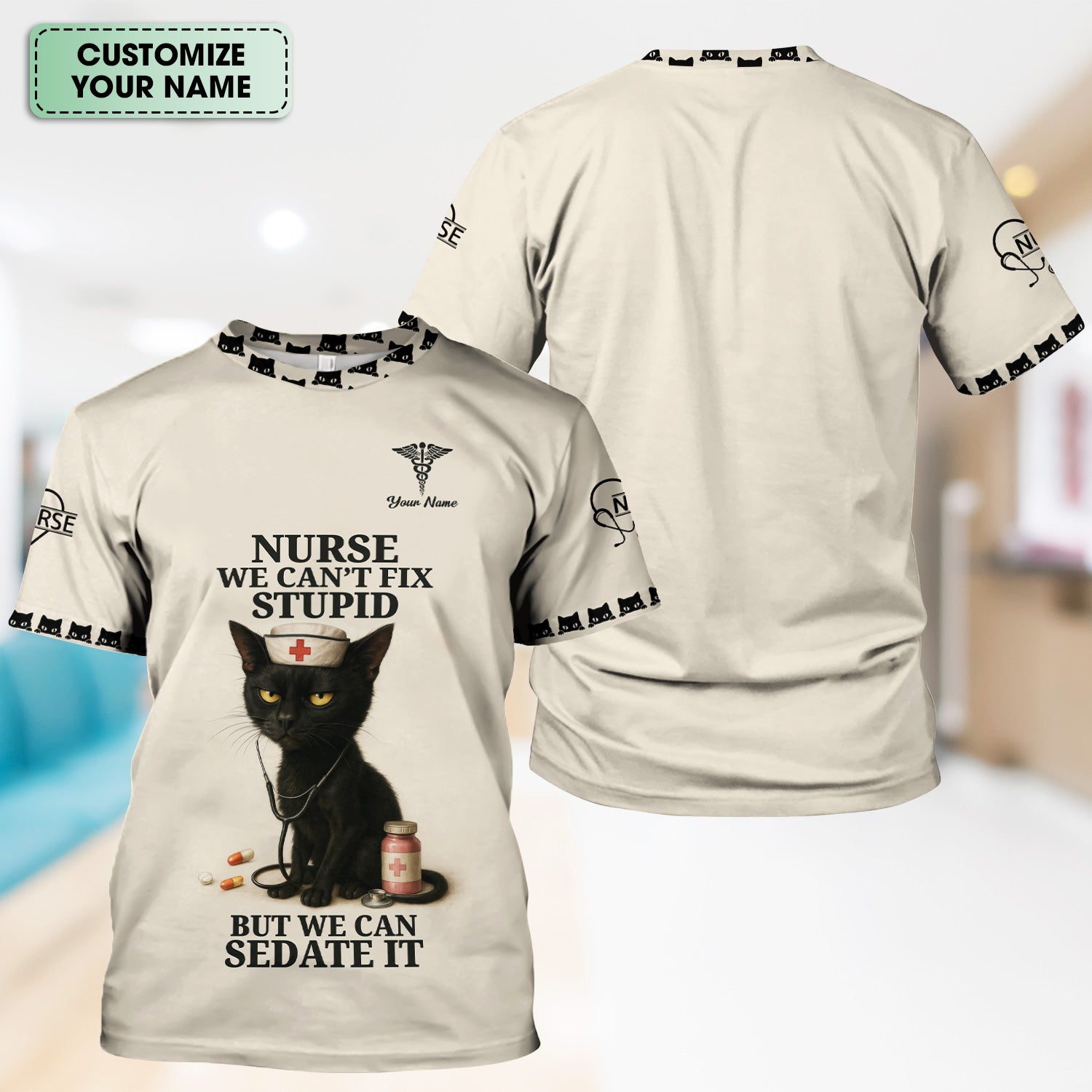 Custom Nurse V-Neck Scrub Shirt - Hilarious Cat Graphic with Medical Quote - Gift for Registered Nurse LPN CNA Women