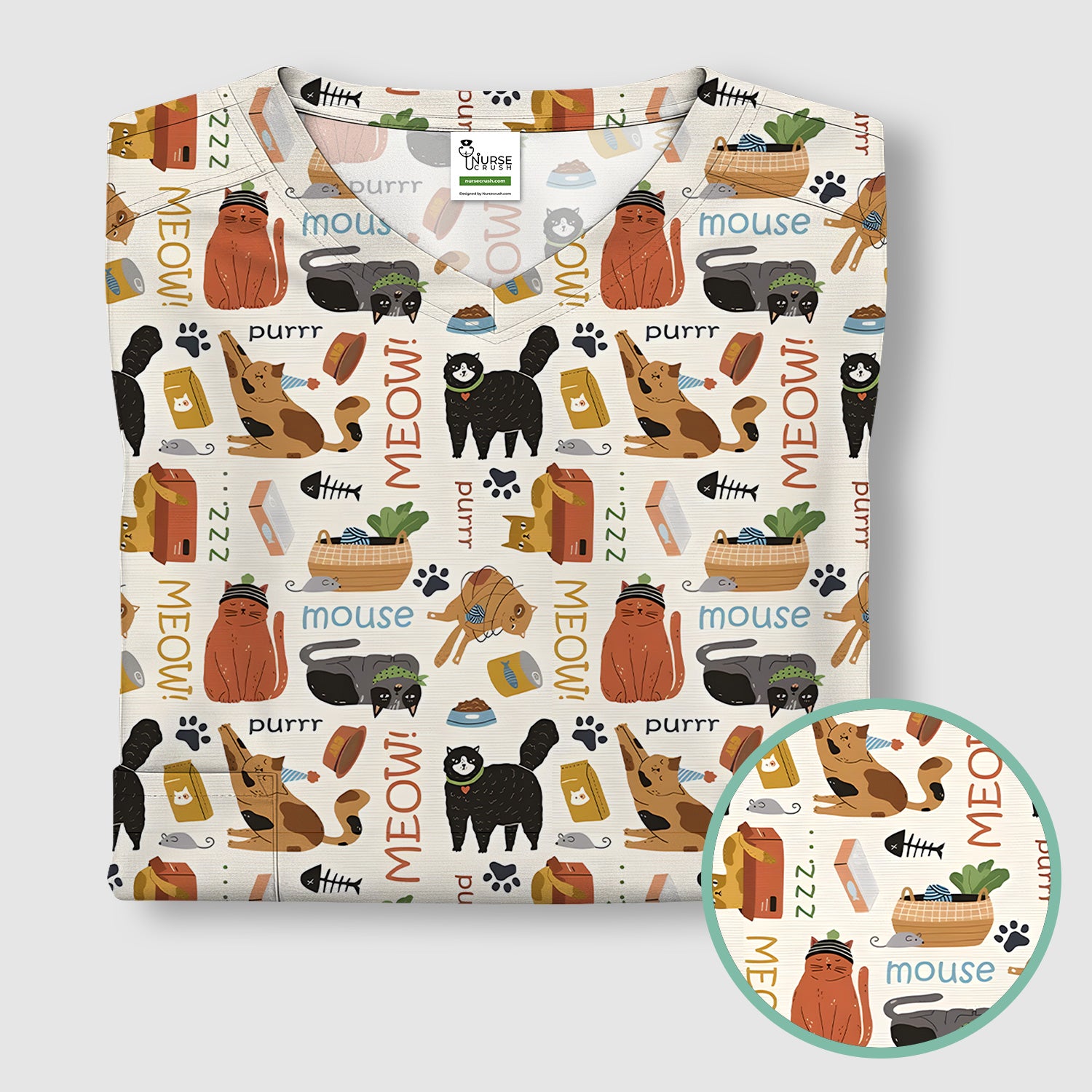 Meow Purr Cat Life Print Scrub Top, Comfortable Scrubs for Nurses