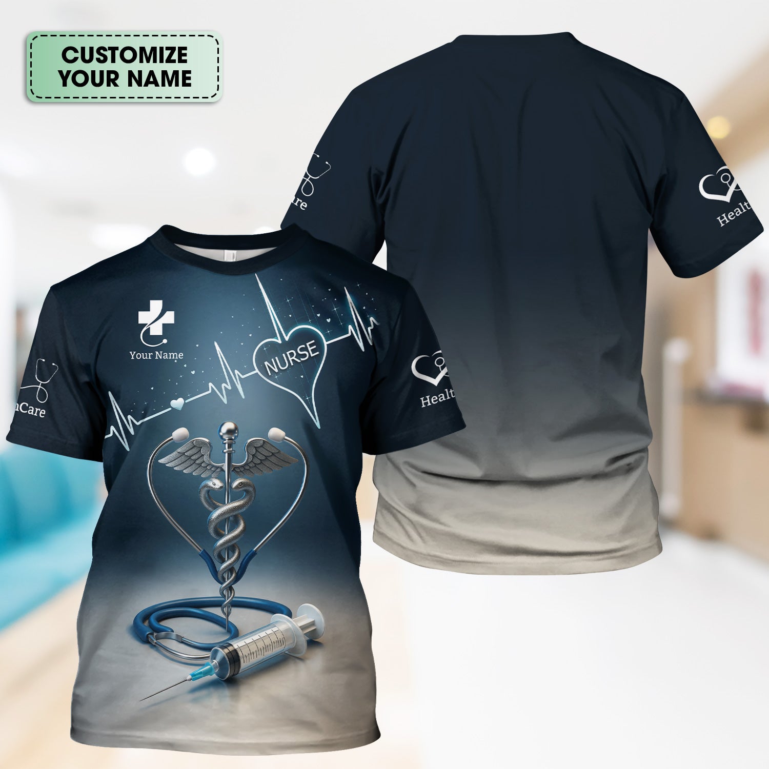 Personalized Nurse Scrubs with Caduceus Heartbeat Syringe - Custom Name Medical Apparel for RN CNA LPN - Gift for Healthcare Workers