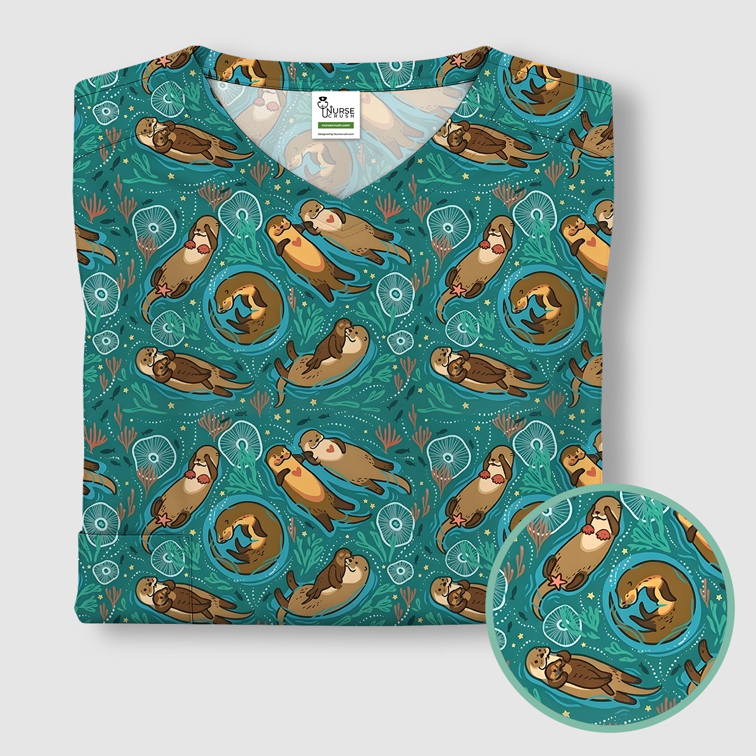 Sea Otter Floating Ocean Pattern Scrub Top, Comfortable Scrubs for Nurses