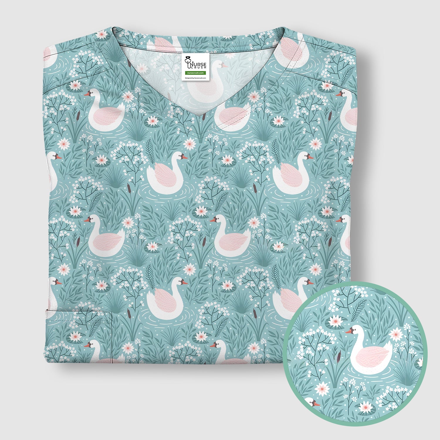 Sweet Swan Waterlily Garden Pattern Scrub Top, Comfortable Scrubs for Nurses