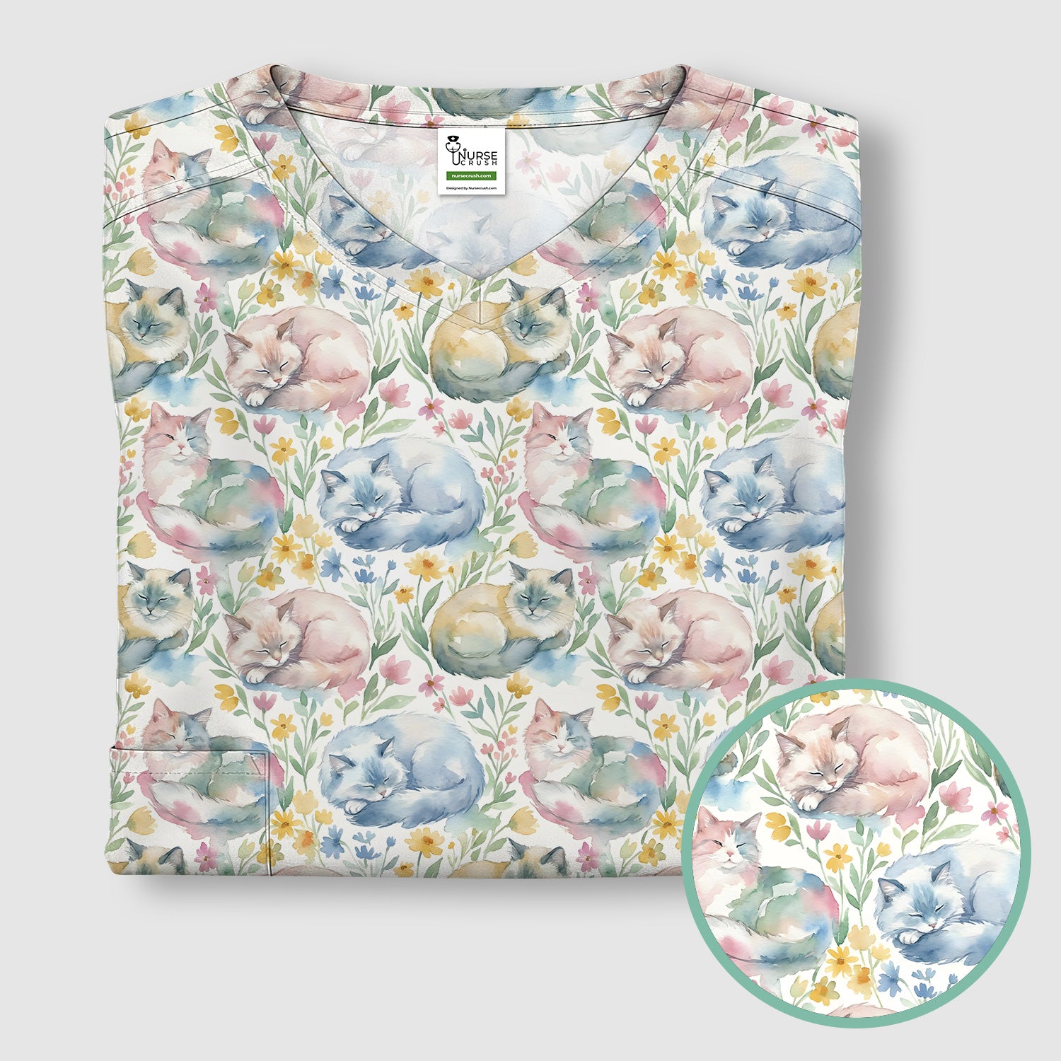 Dreamy Sleeping Cat Floral Pattern Scrub Top, Comfortable Scrubs for Nurses
