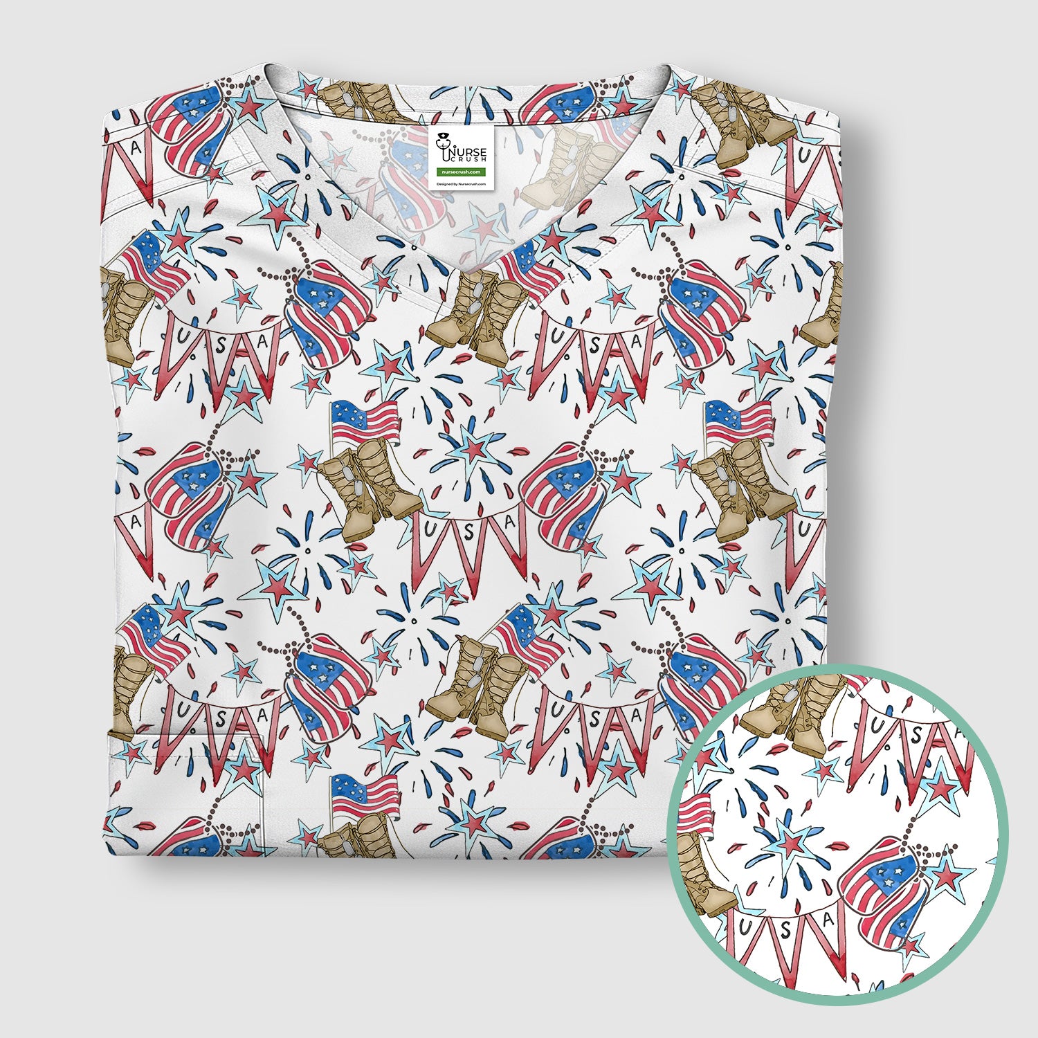 USA Boots Banner Pattern Scrub Top, Comfortable Scrubs for Nurses