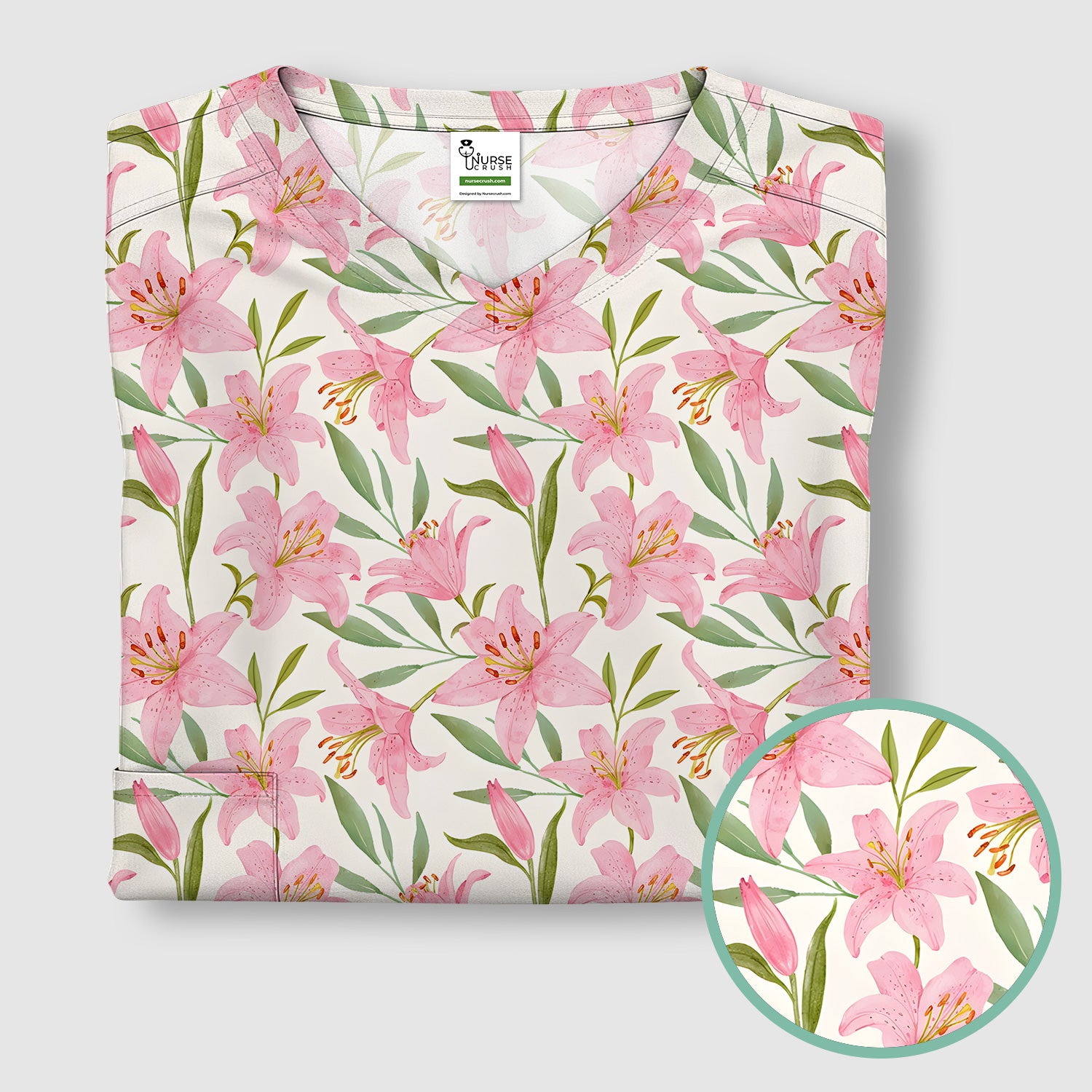 Cute Pink Lily Floral Nurse Pattern Scrub Top, Comfortable Scrubs for Nurses