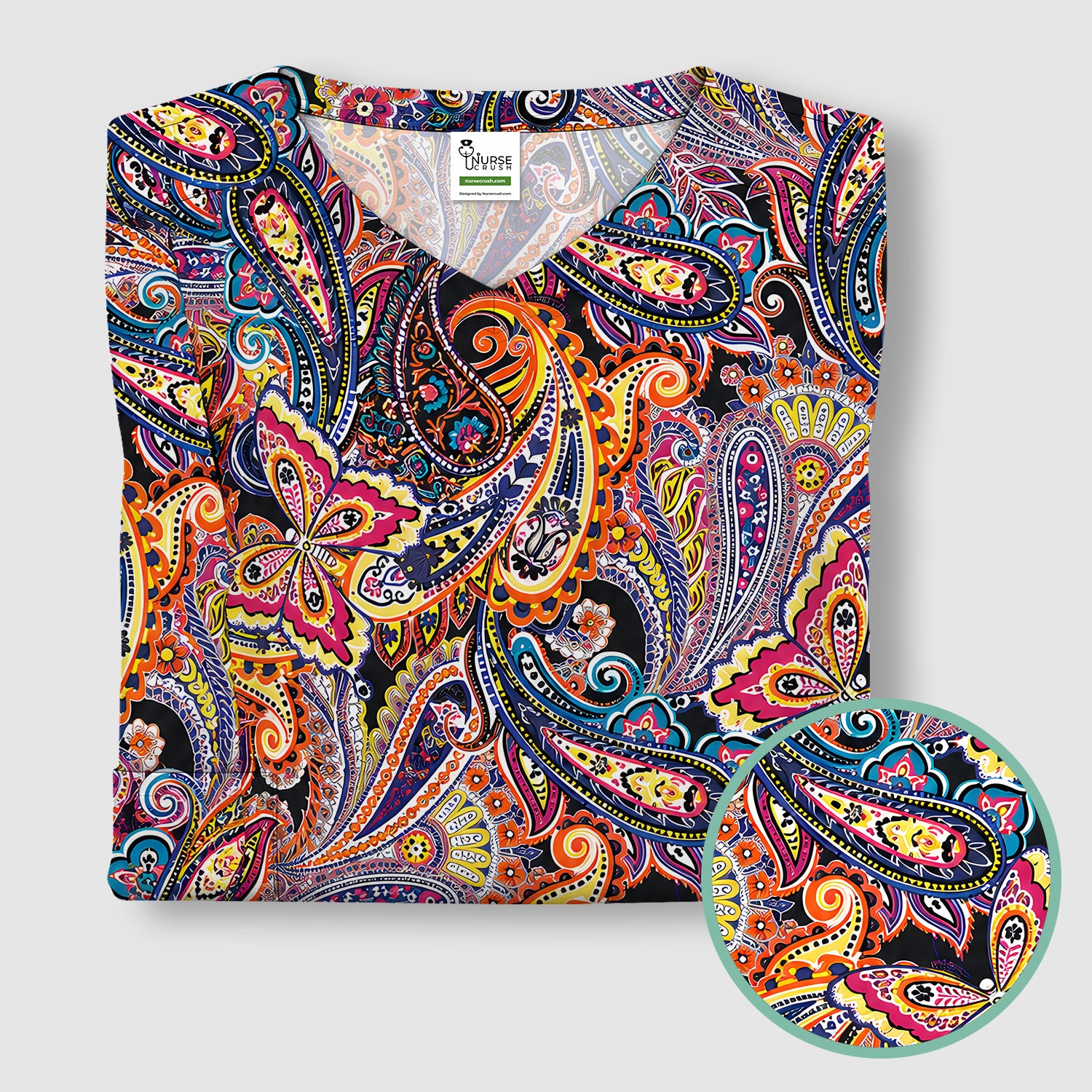 Colorful Bohemian Paisley Floral Pattern Scrub Top, Comfortable Scrubs for Nurses
