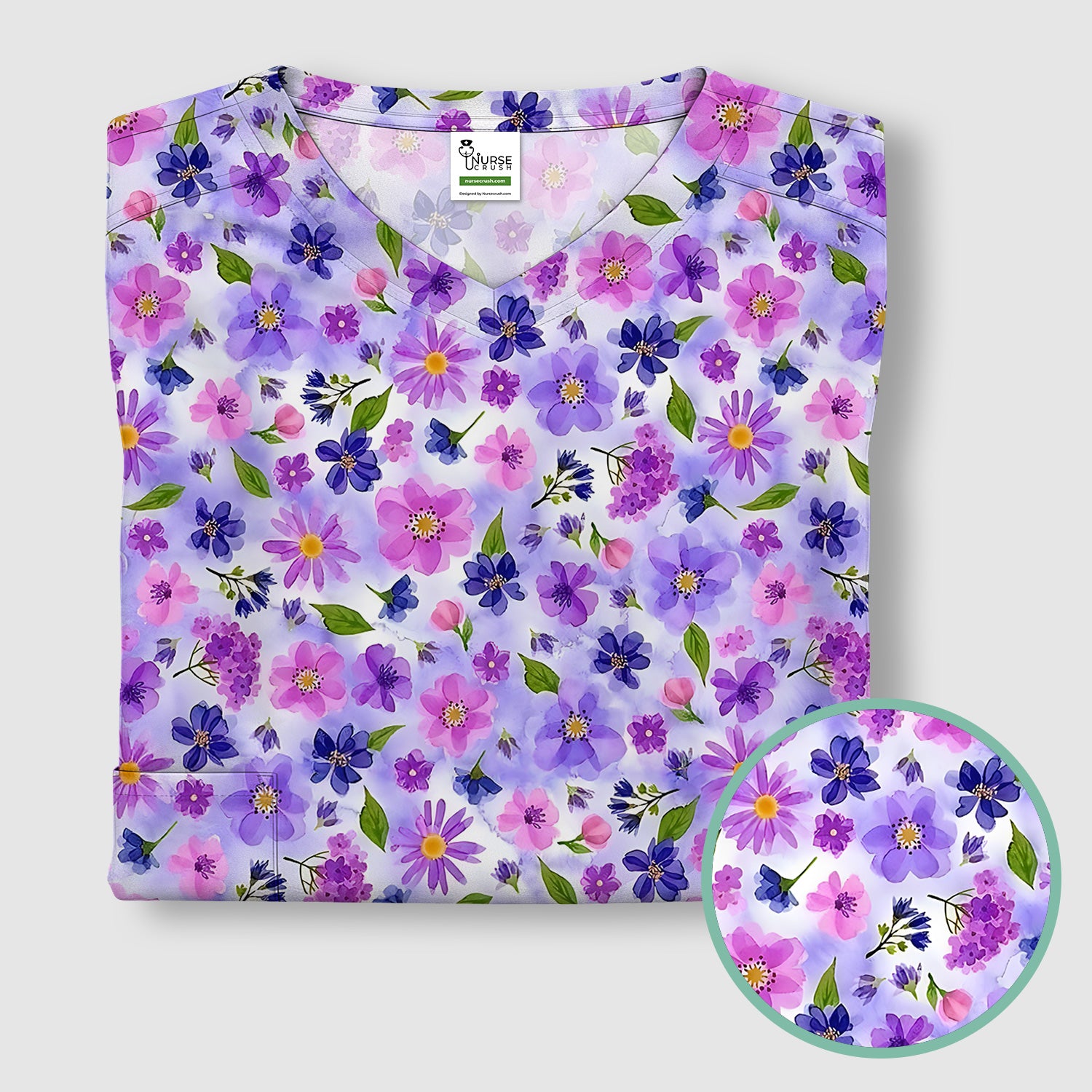 Purple Watercolor Wildflower Bloom Pattern Scrub Top, Comfortable Scrubs for Nurses