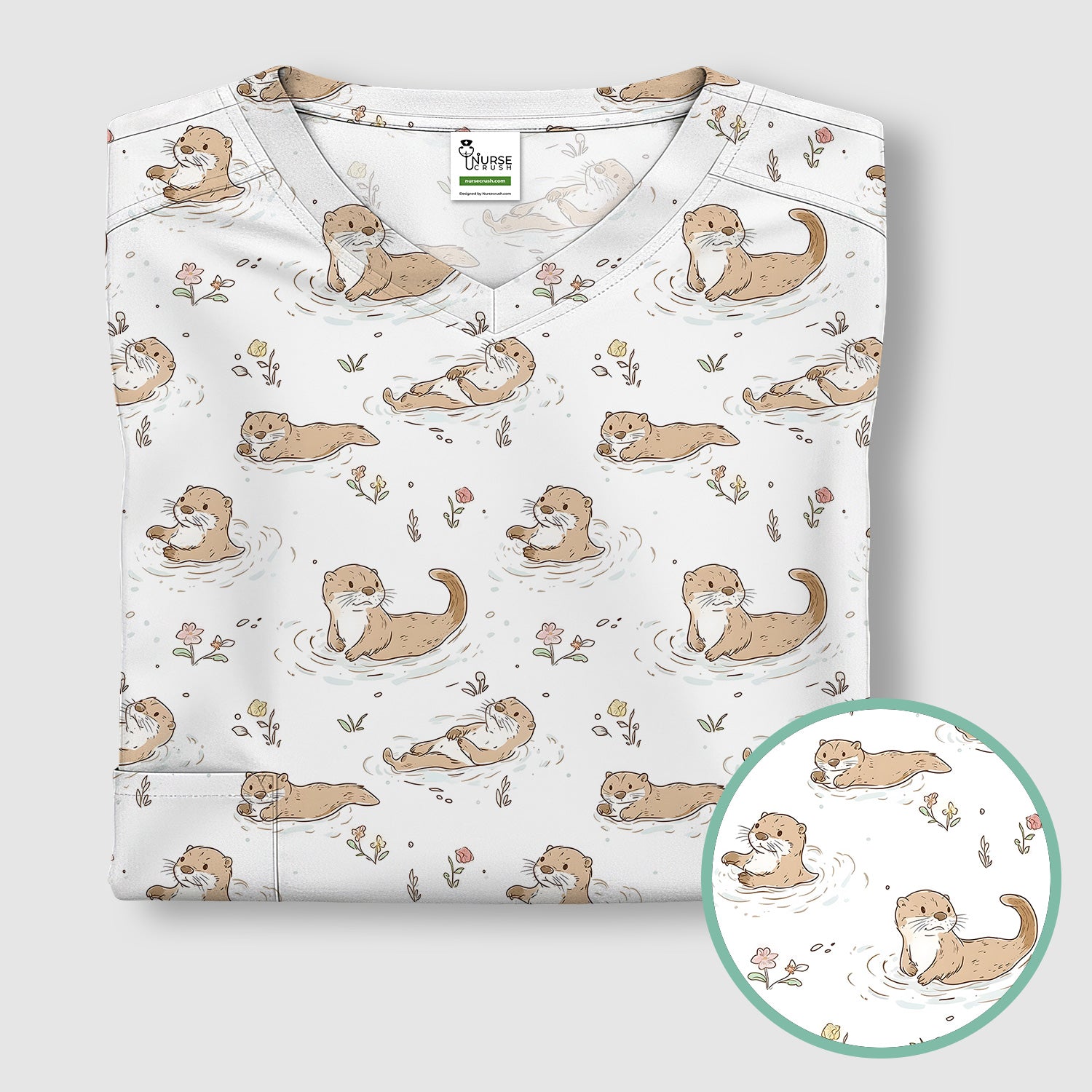 Otter Swimming Floating Water Pattern Scrub Top, Breathable Fabrics Nursing Uniform