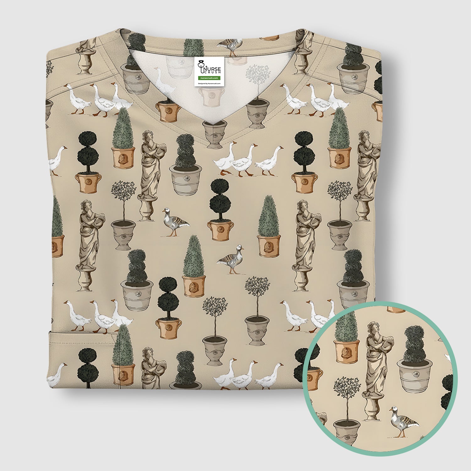 Vintage Garden Statue Topiary Goose Bird Pattern Scrub Top, Comfortable Scrubs for Nurses