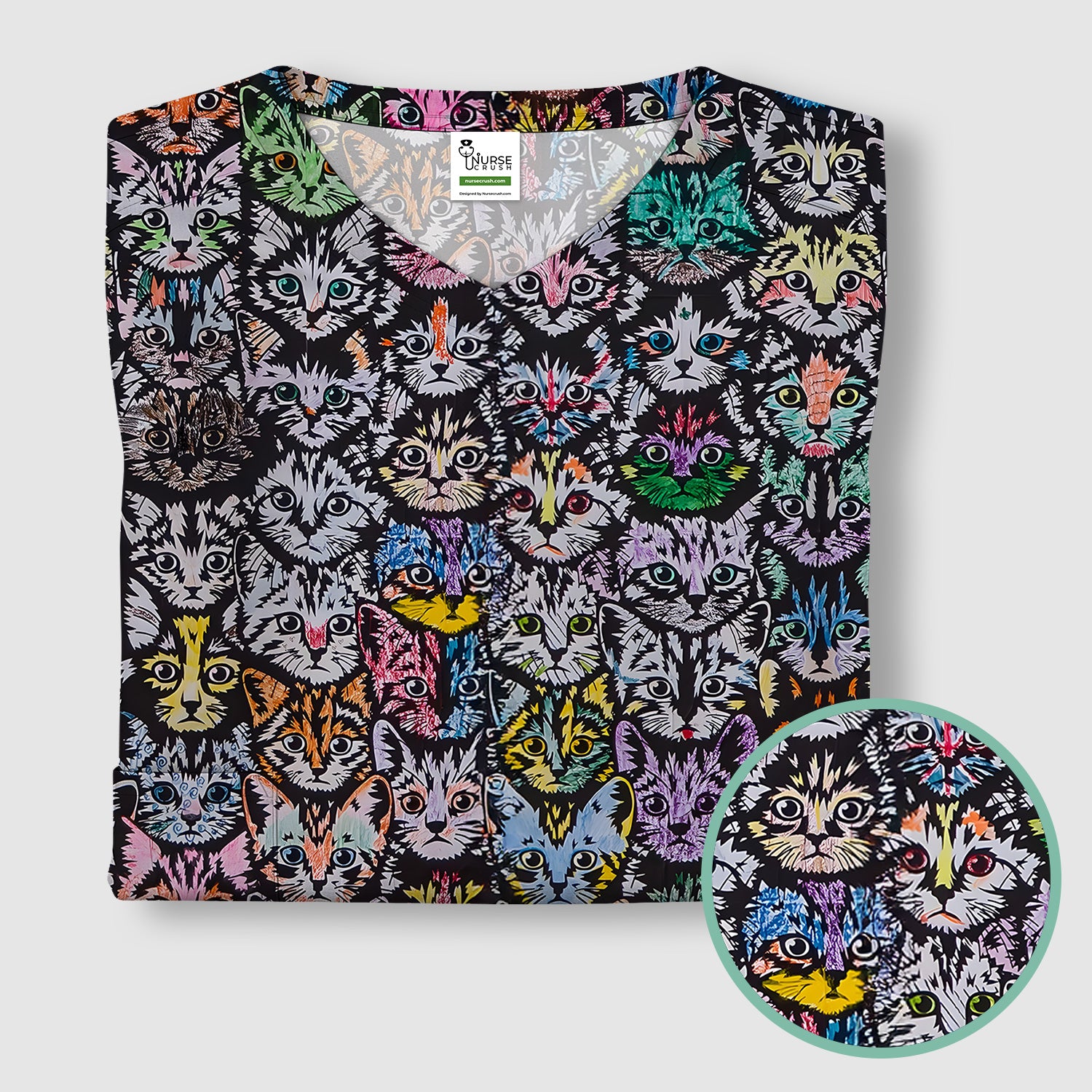 Colorful Cat Faces Pattern Scrub Top, Artistic Kitty Portrait Print, Breathable Fabrics Nursing Uniform