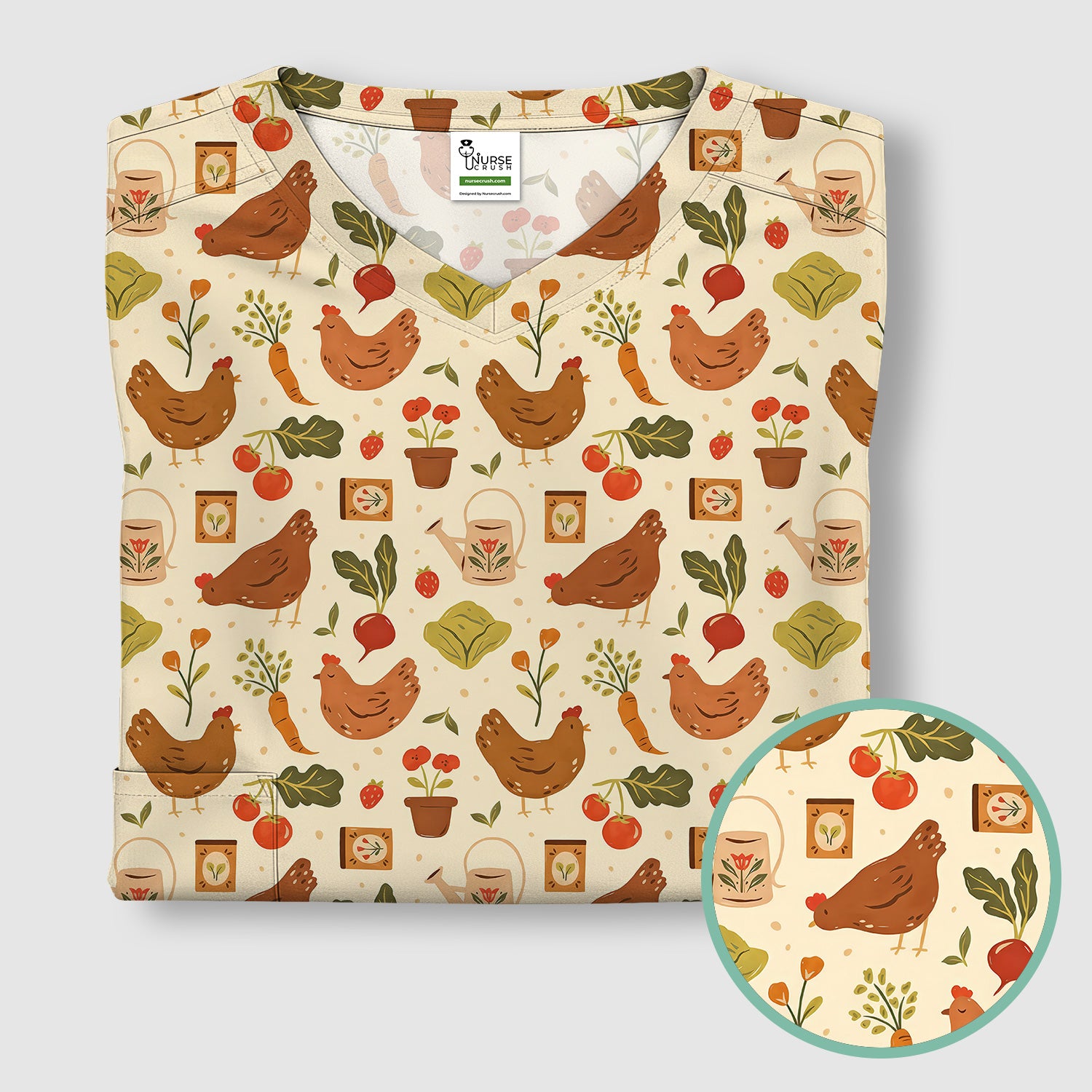 Rustic Farm Chicken Garden Vegetable Pattern Scrub Top, Comfortable Scrubs for Nurses