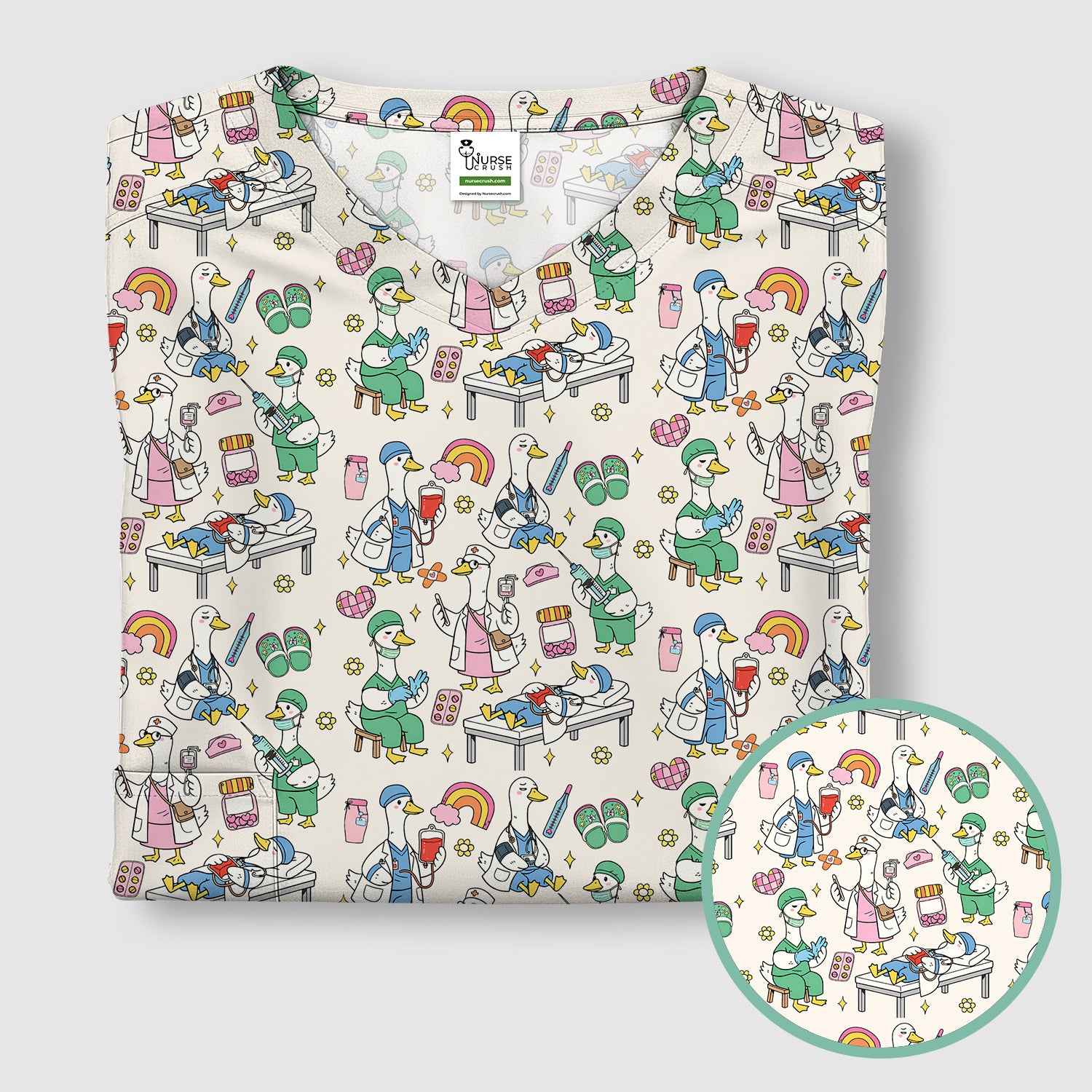 Funny Nurse Duck Medical Doodle Pattern Scrub Top, Comfortable Nurse Workwear Top