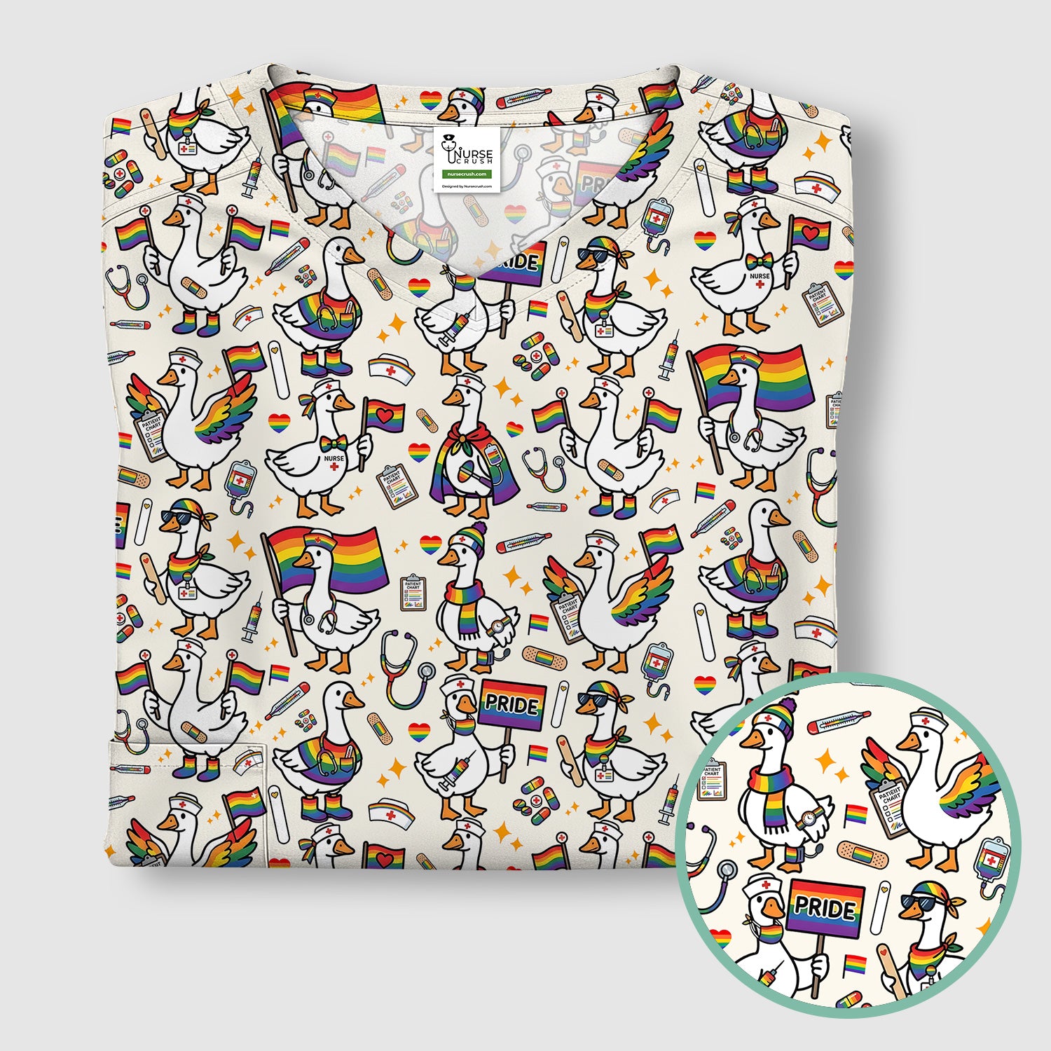 LGBT Pride Nurse Duck Pattern Scrub Top, Breathable Fabrics Nursing Uniform