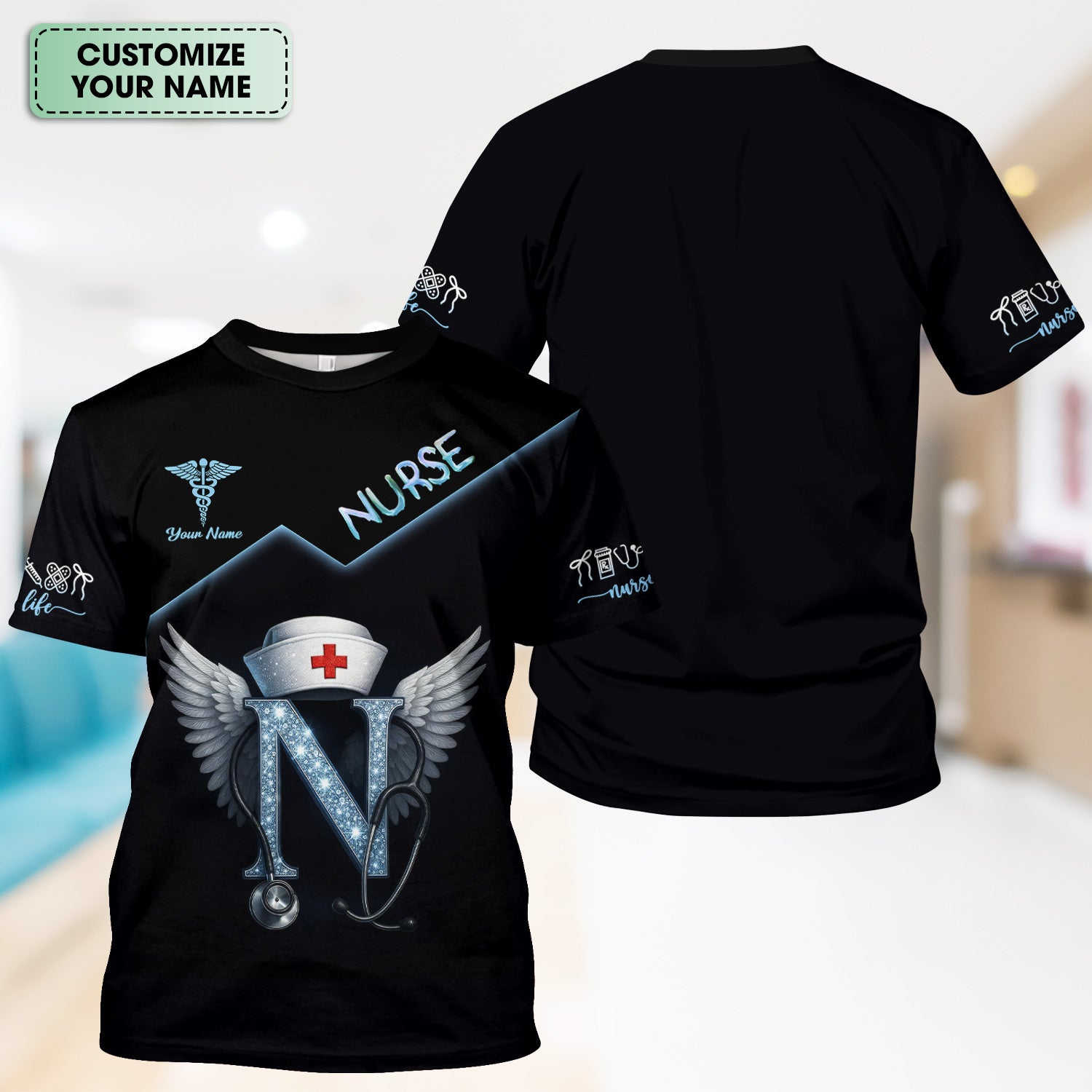 Funny Nurse T-shirt with Glowing 'N' Design - Customizable with Stethoscope & Wings Design - Perfect for RN, CNA, LPN, Healthcare Professionals
