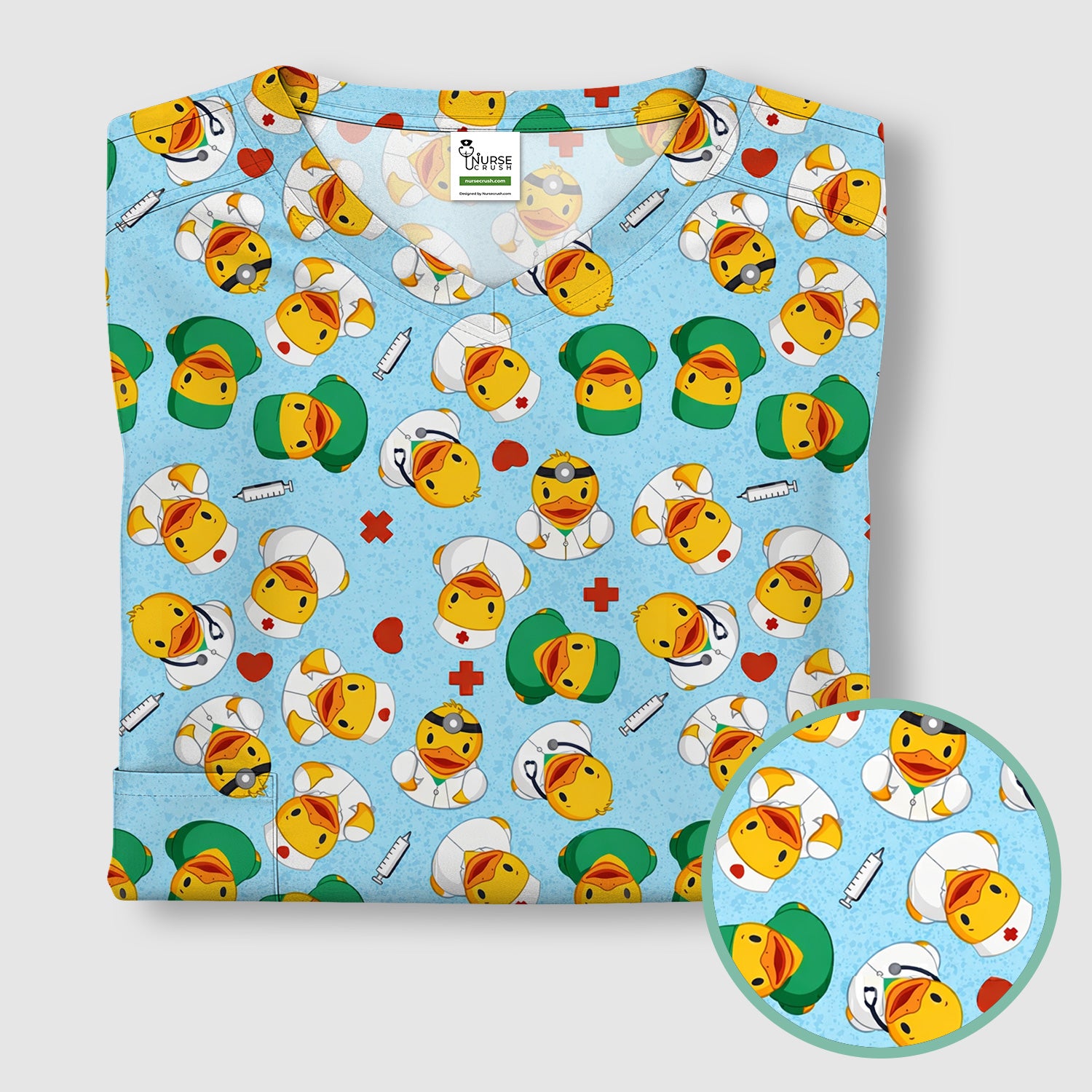 Duck Doctor Cartoon Pattern Scrub Top, Comfortable Scrubs for Nurses