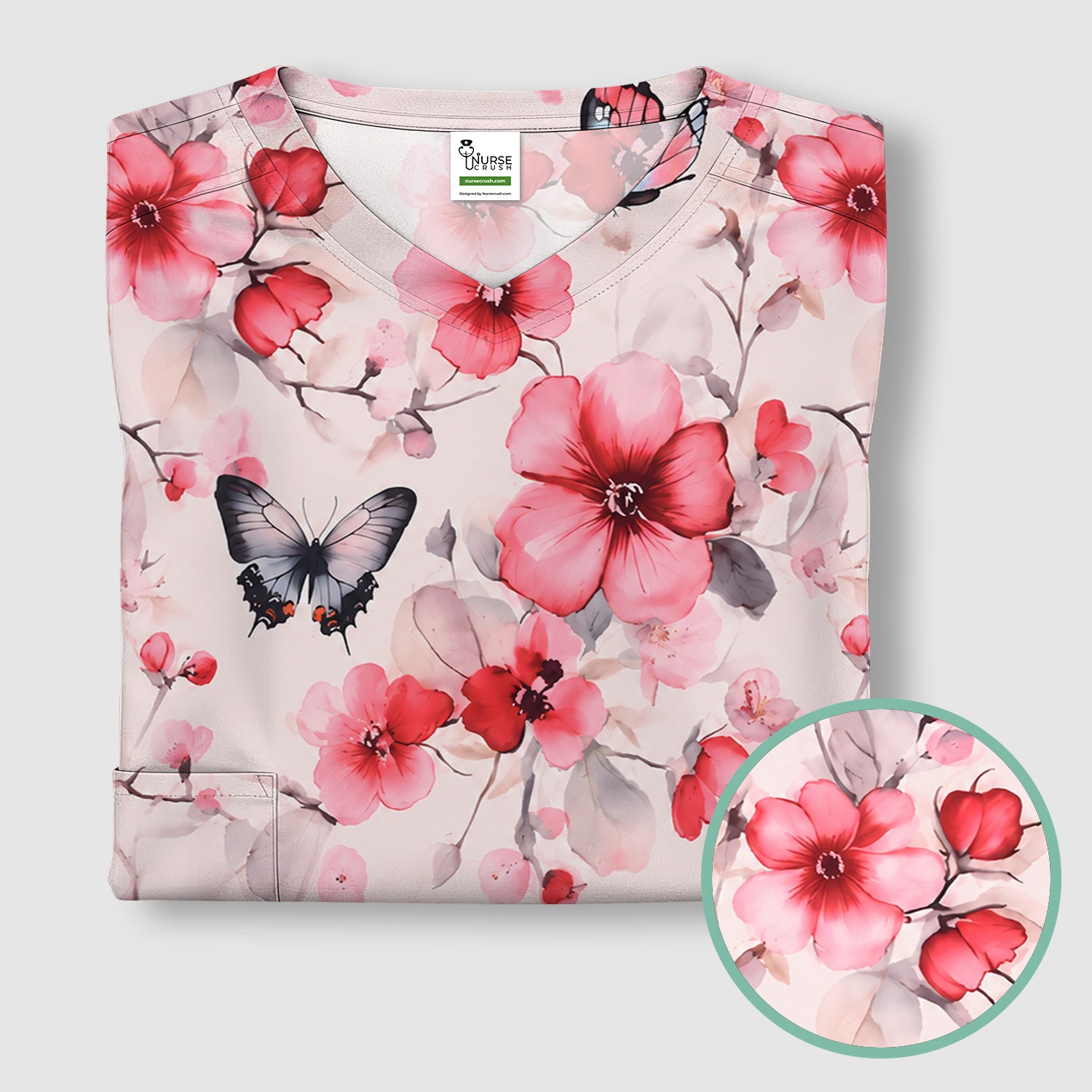 Pink Butterfly Blossom Pattern Scrub Top, Comfortable Scrubs for Nurses
