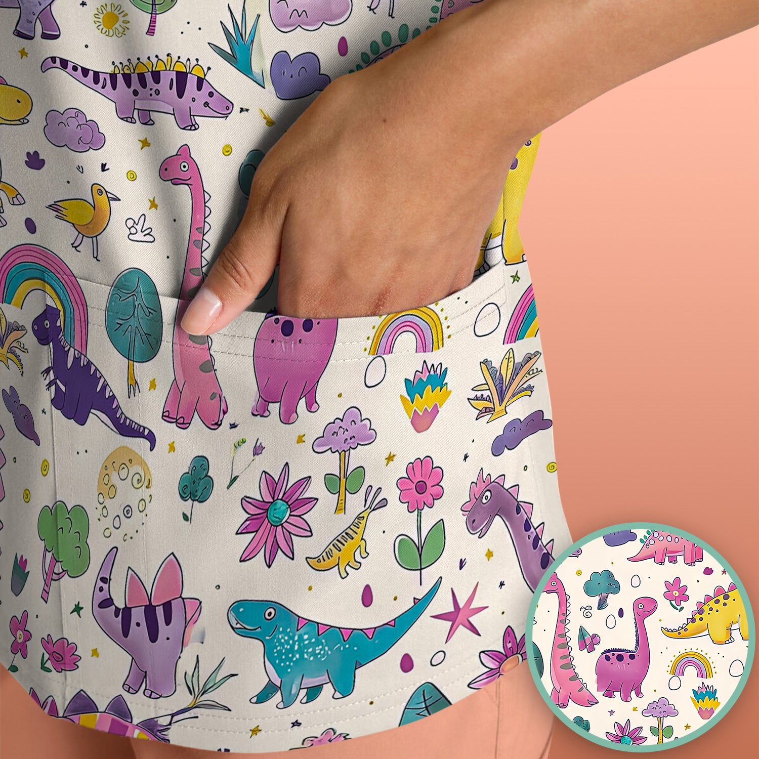 Cute Dinosaur Rainbow Pattern Scrub Top, Breathable Fabrics Nursing Uniform