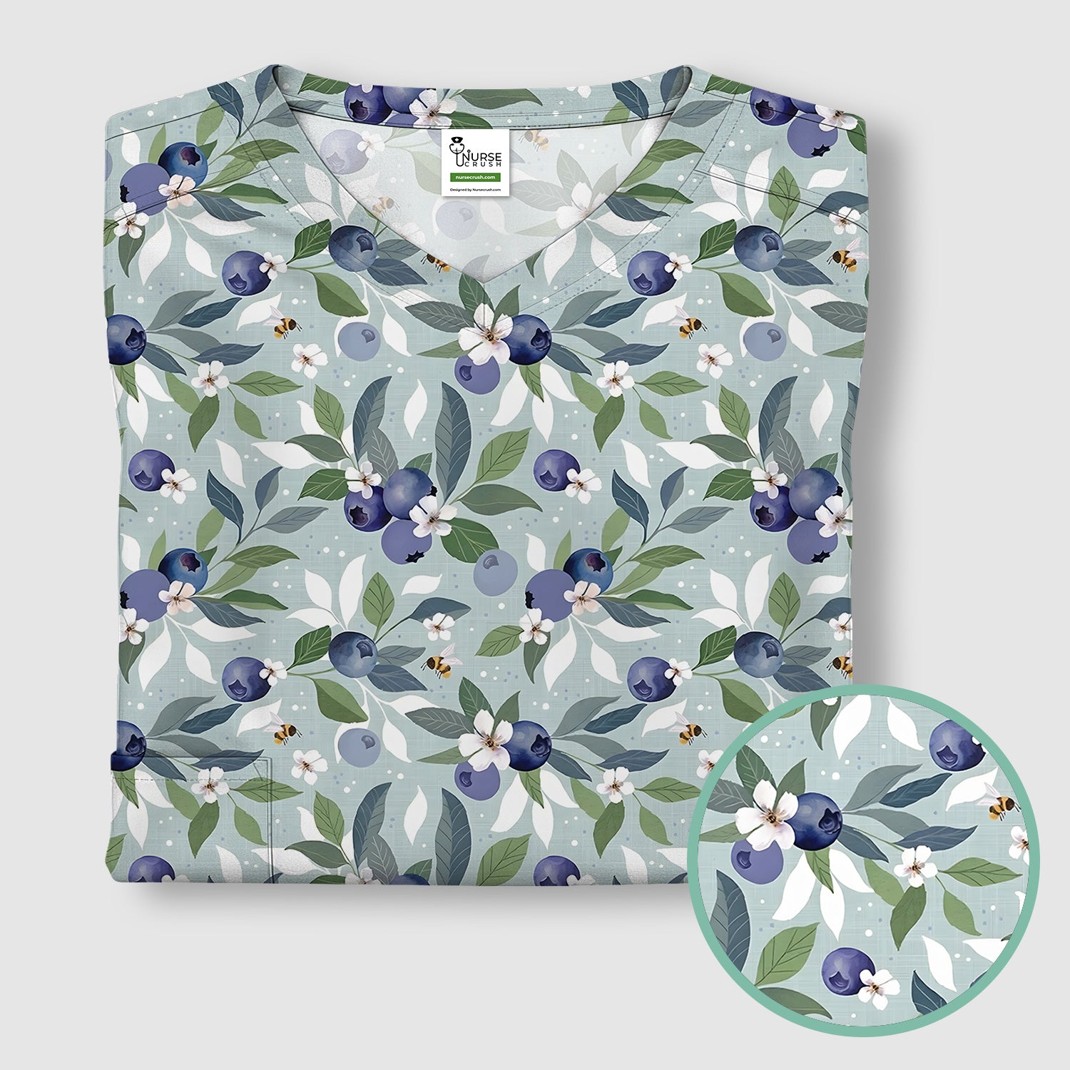 Fresh Blueberry Blossom Garden Pattern Nurse Scrub Top, Breathable Fabrics Nursing Uniform