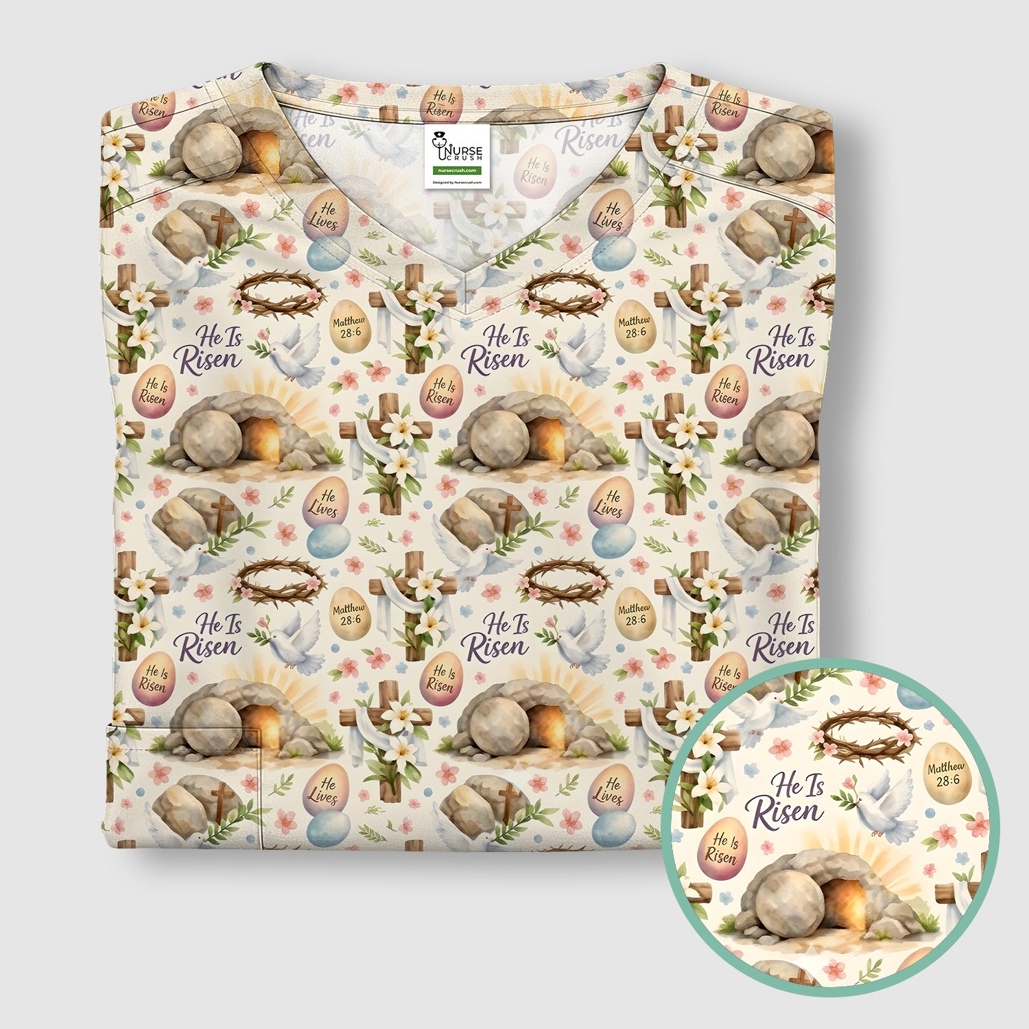 He Is Risen Cross Tomb Lily Pattern Scrub Top, Breathable Fabrics Nursing Uniform