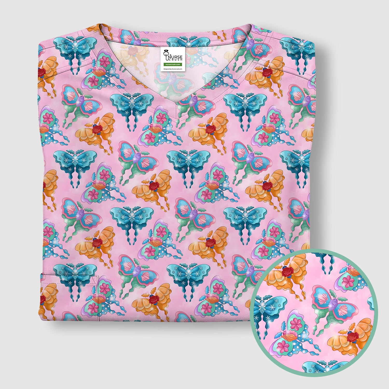 Colorful Butterfly With Floral Blossom Pattern Scrub Top, Comfortable Scrubs for Nurses