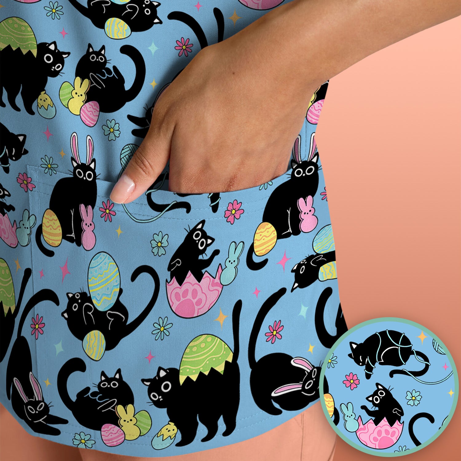 Funny Easter Black Cat Egg Pattern Scrub Top, Breathable Fabrics Nursing Uniform