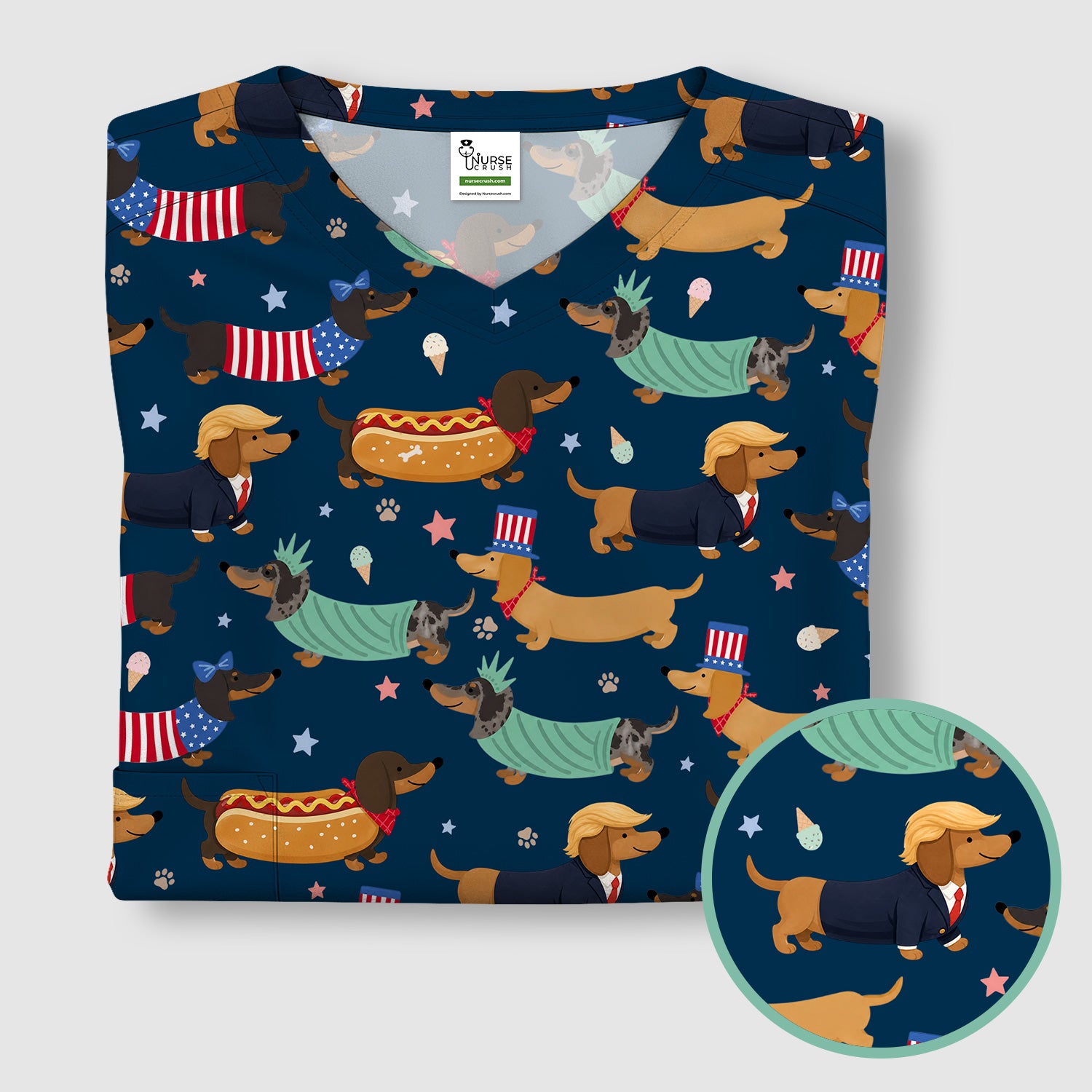 Funny Patriotic Dachshund Costume Dogs Pattern Scrub Top, Breathable Fabrics Nursing Uniform