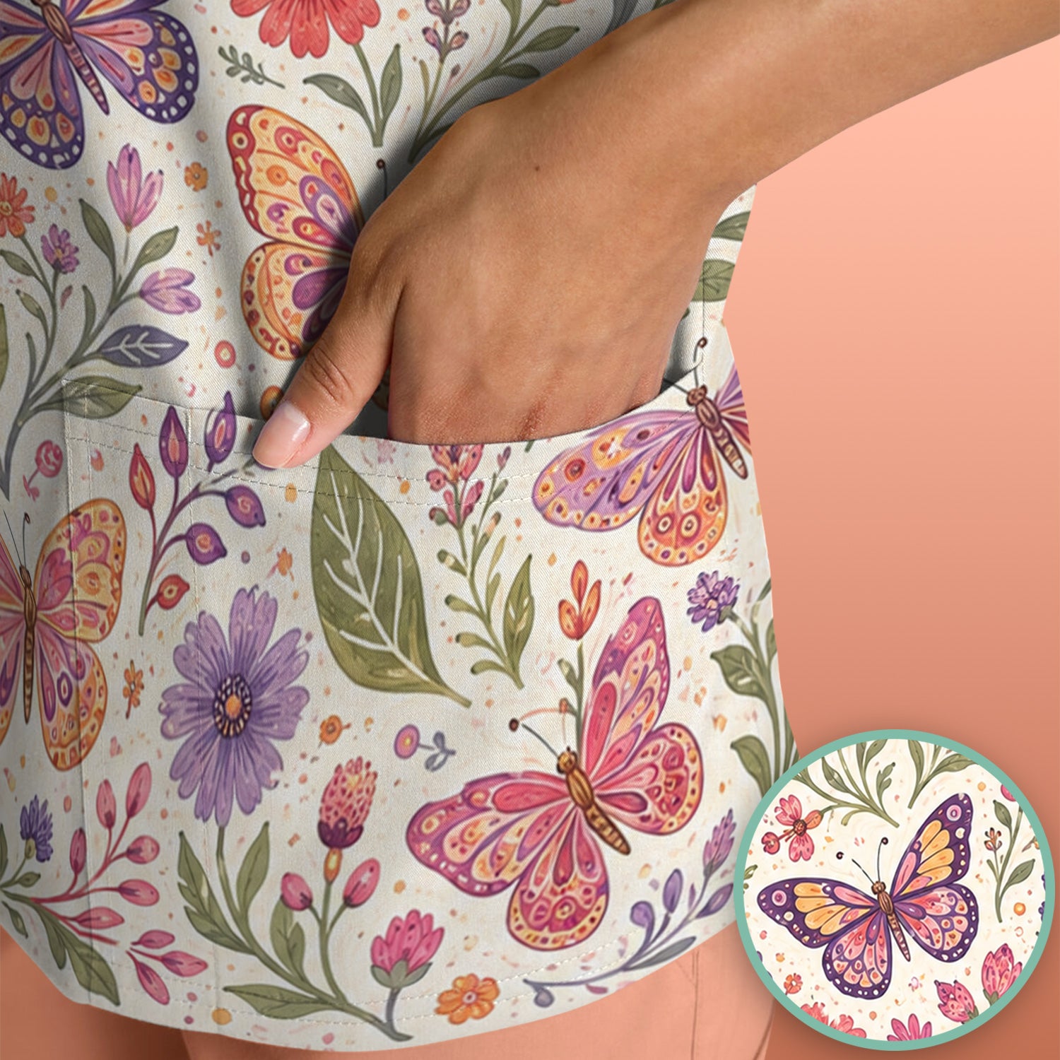 Floral Butterfly Pediatric Nurse Pattern Scrub Top, Comfortable Scrubs for Nurses