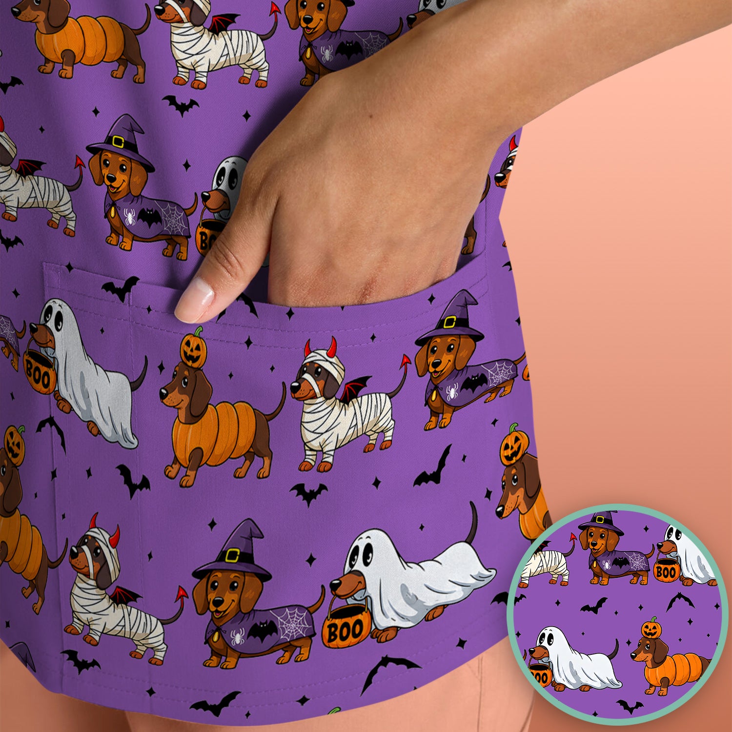 Halloween Dachshund for Veterinary Staff Scrub Top, Comfortable Scrubs for Nurses