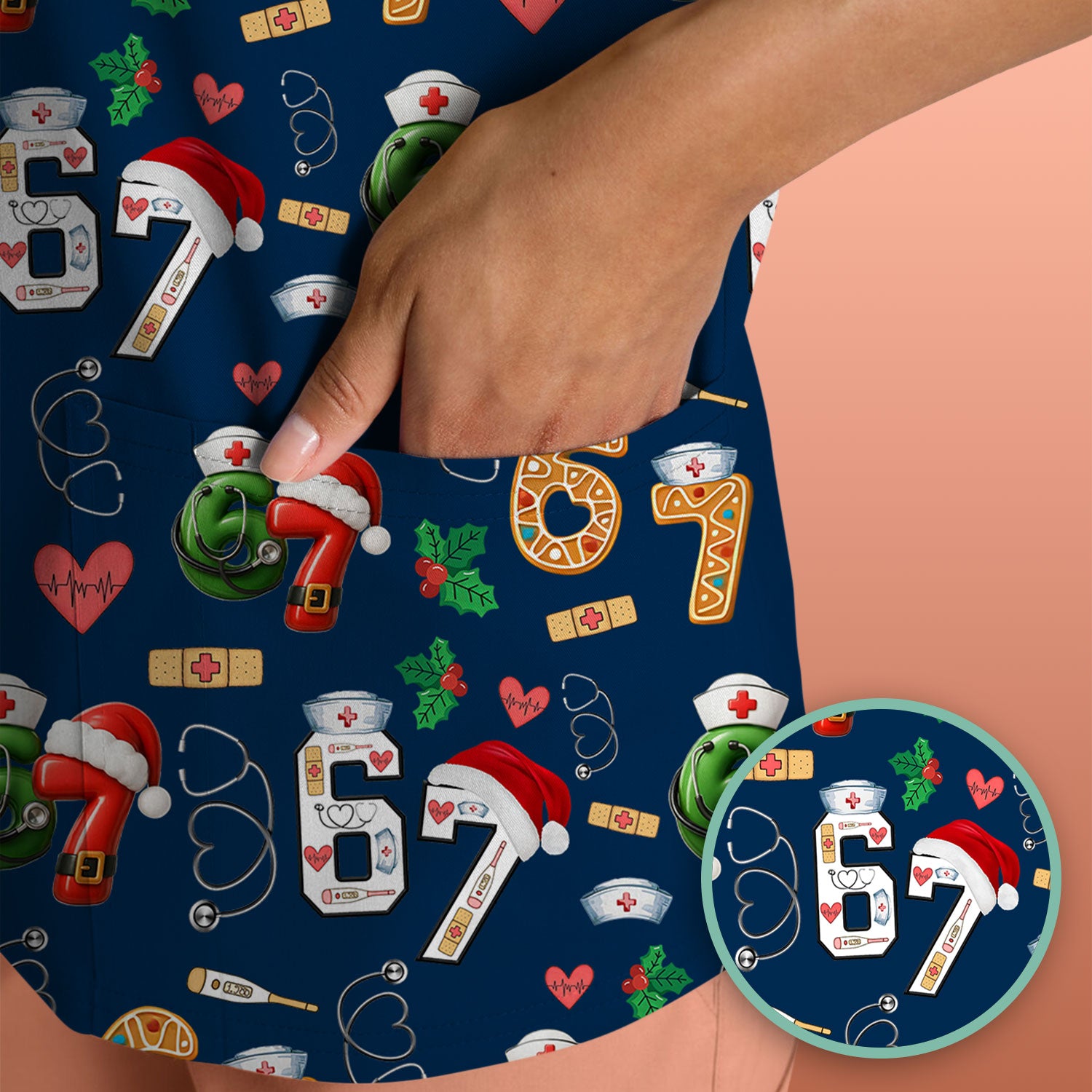 Christmas Nurse 67 Pattern Scrub Top, Cute Holiday Medical Shirt With Santa Hat, Uniform For Nursing